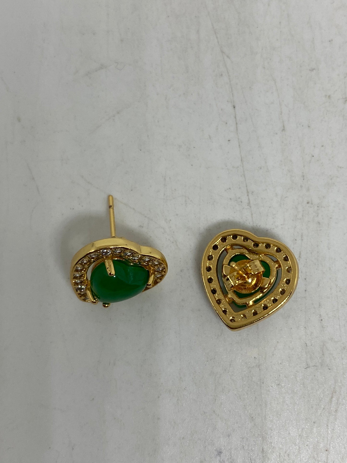 Vintage Fun Green Jade Heart Gemstone Gold Rhodium Bronze Earrings