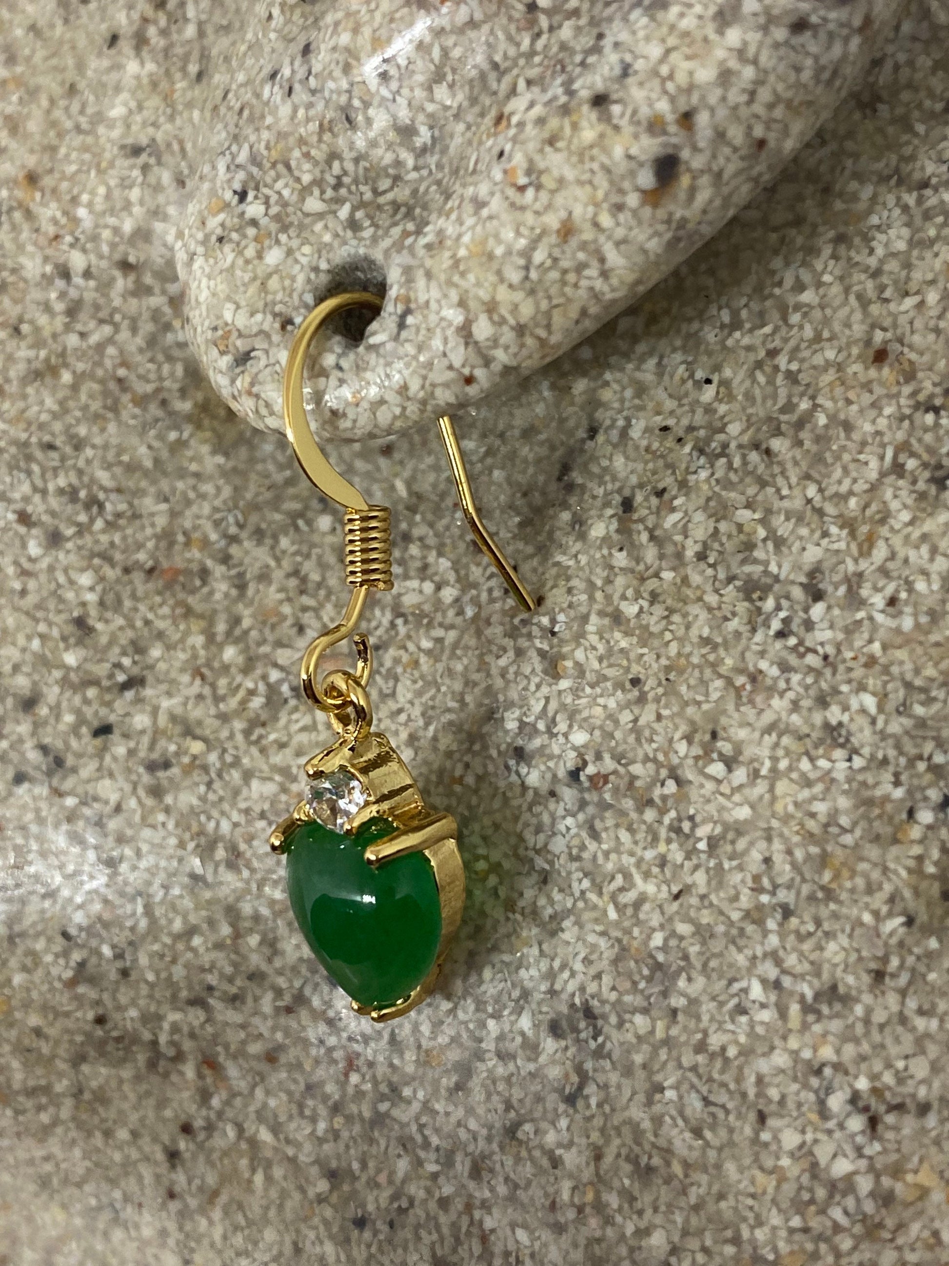 Vintage Fun Green Jade Heart Gemstone Gold Rhodium Bronze Earrings