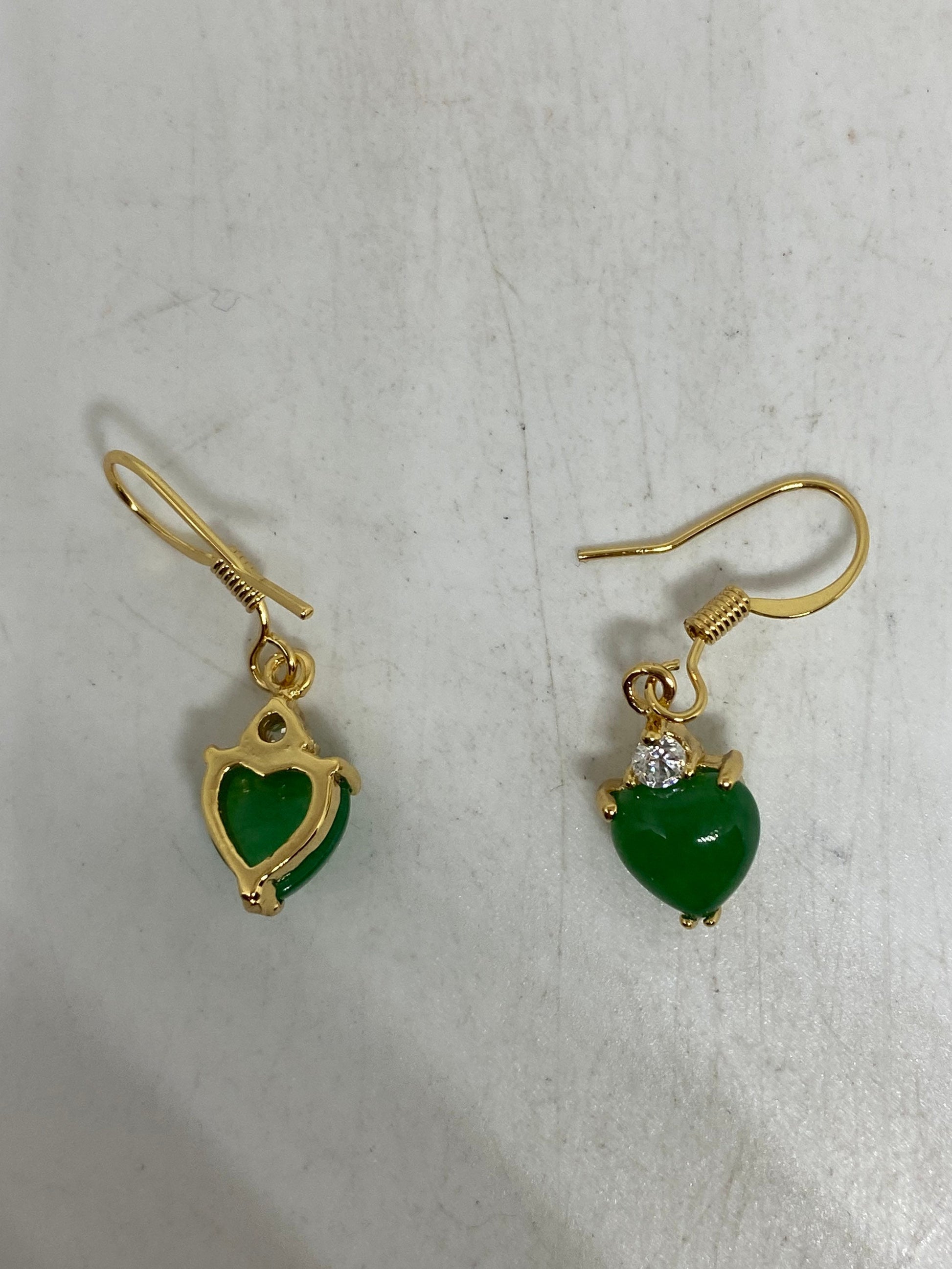 Vintage Fun Green Jade Heart Gemstone Gold Rhodium Bronze Earrings