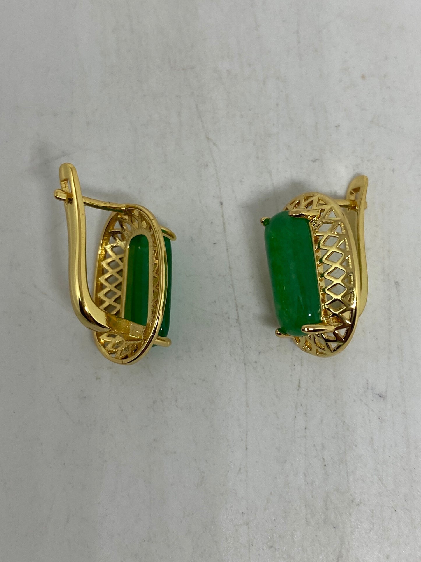 Vintage Fun Green Jade Gemstone Gold Rhodium Bronze Earrings