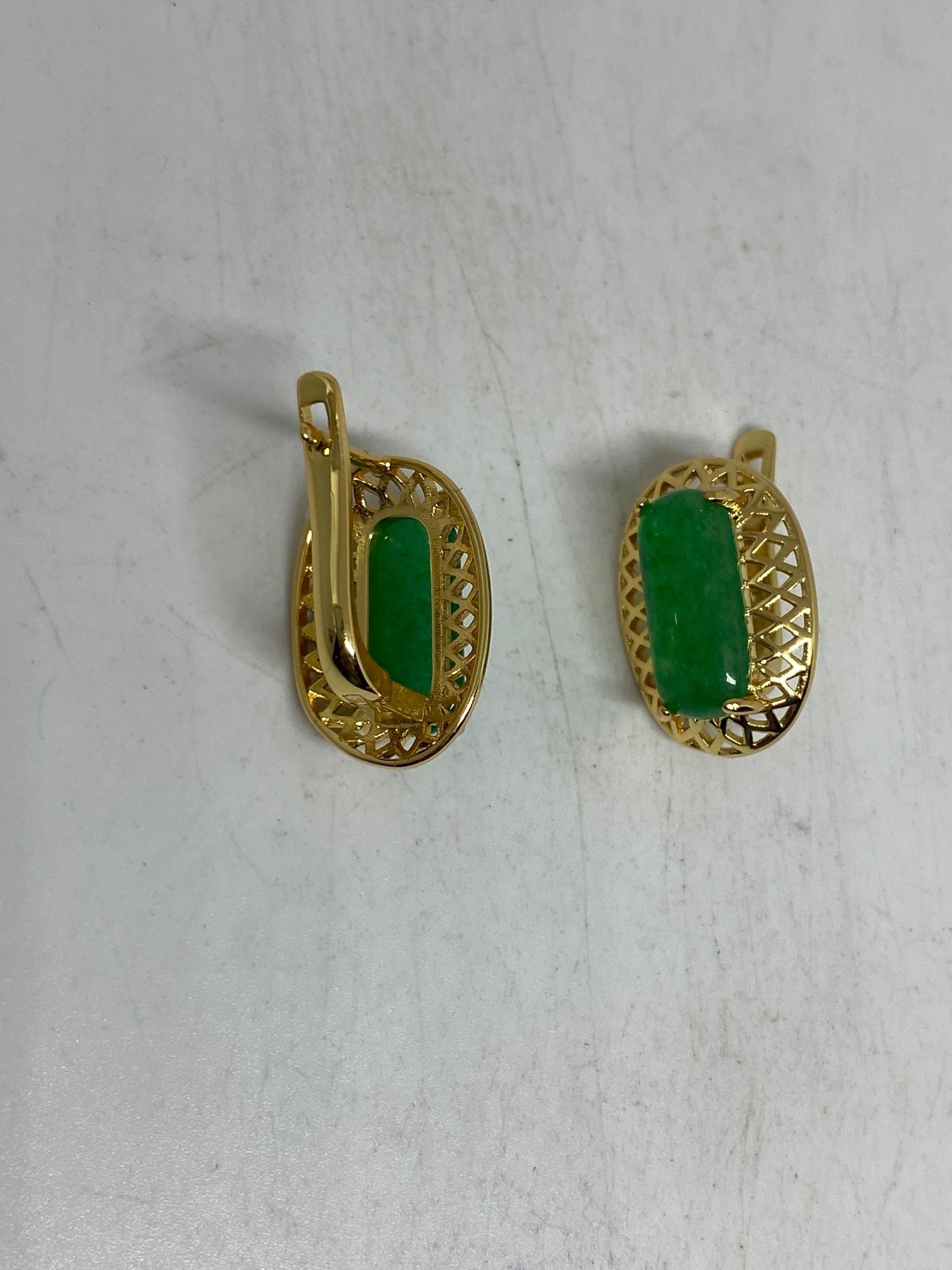 Vintage Fun Green Jade Gemstone Gold Rhodium Bronze Earrings