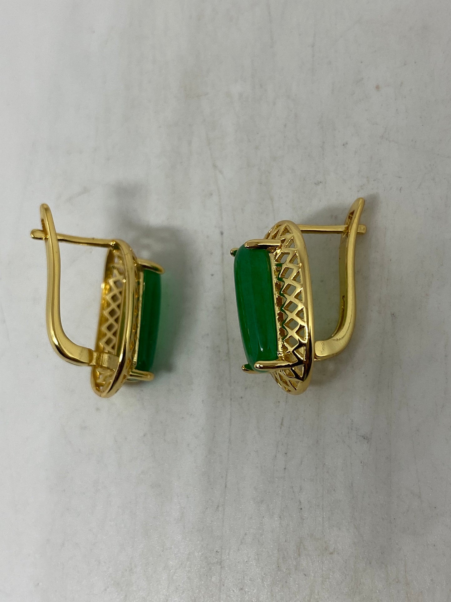 Vintage Fun Green Jade Gemstone Gold Rhodium Bronze Earrings