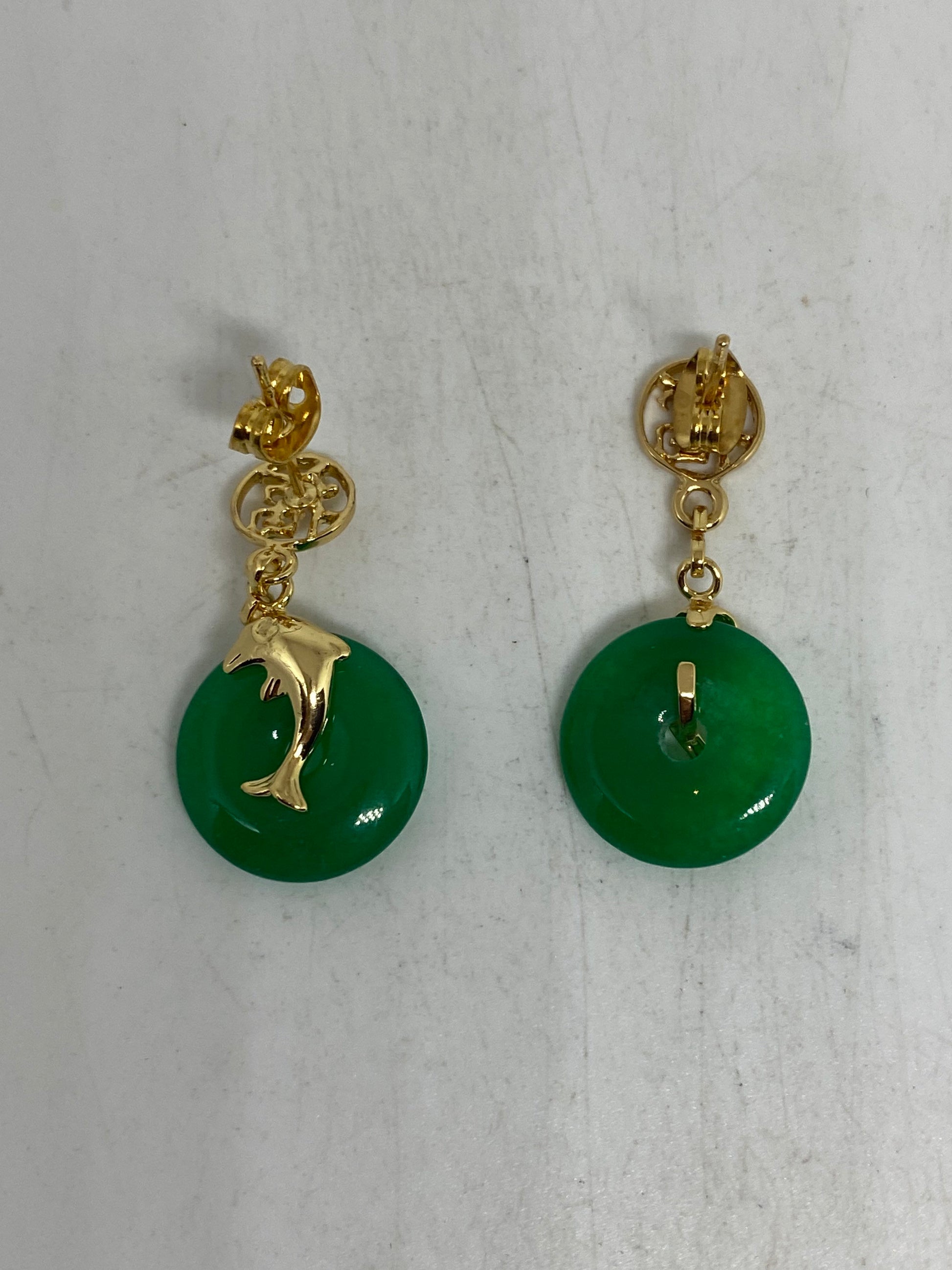 Vintage Fun Green Jade Gemstone Gold Rhodium Bronze Earrings