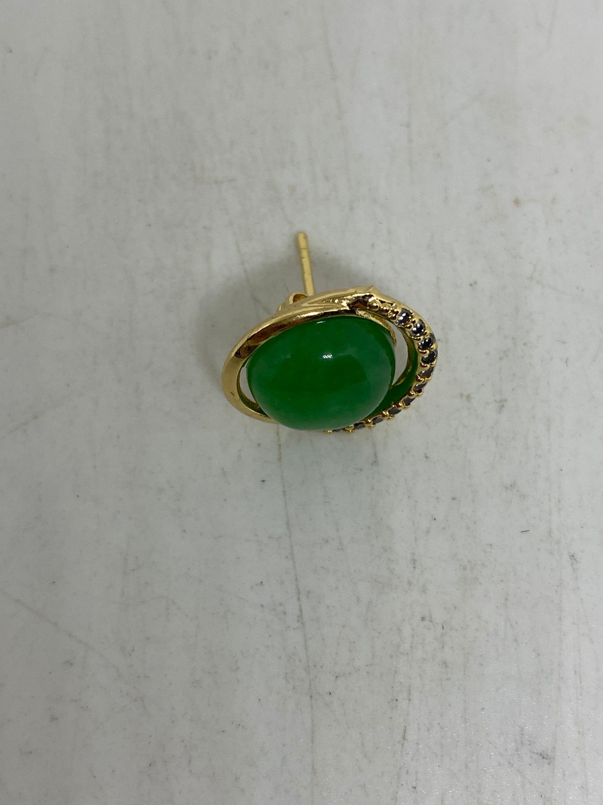 Vintage Fun Green Jade Gemstone Gold Rhodium Bronze Earrings