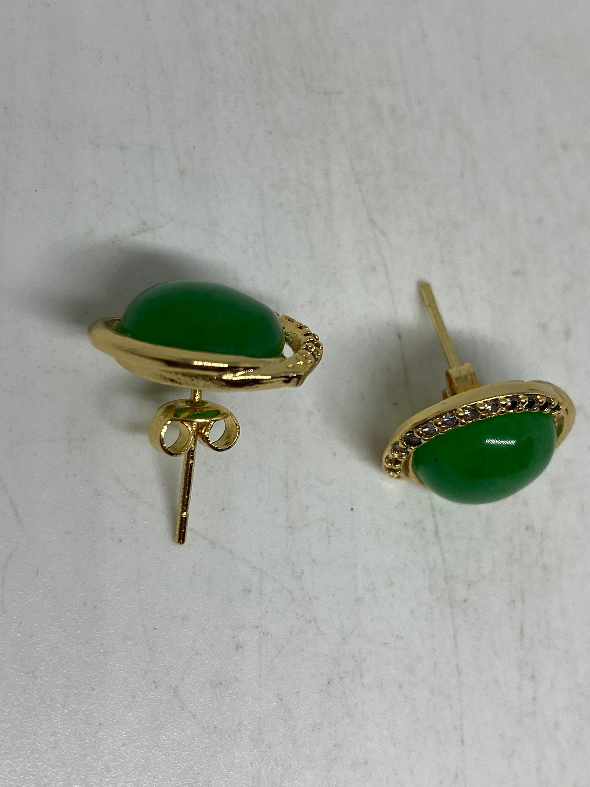 Vintage Fun Green Jade Gemstone Gold Rhodium Bronze Earrings