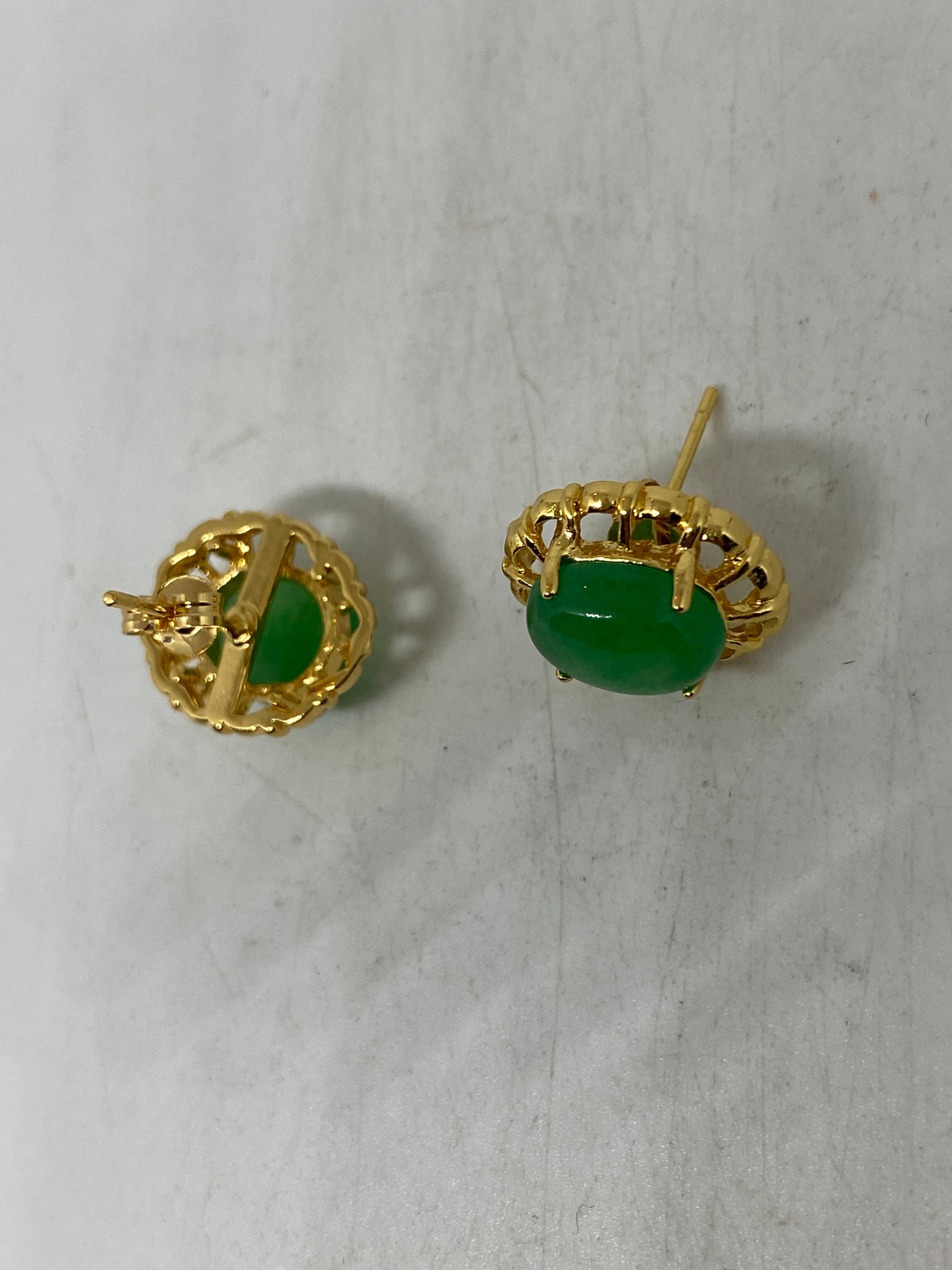 Vintage Fun Green Jade Gemstone Gold Rhodium Bronze Earrings