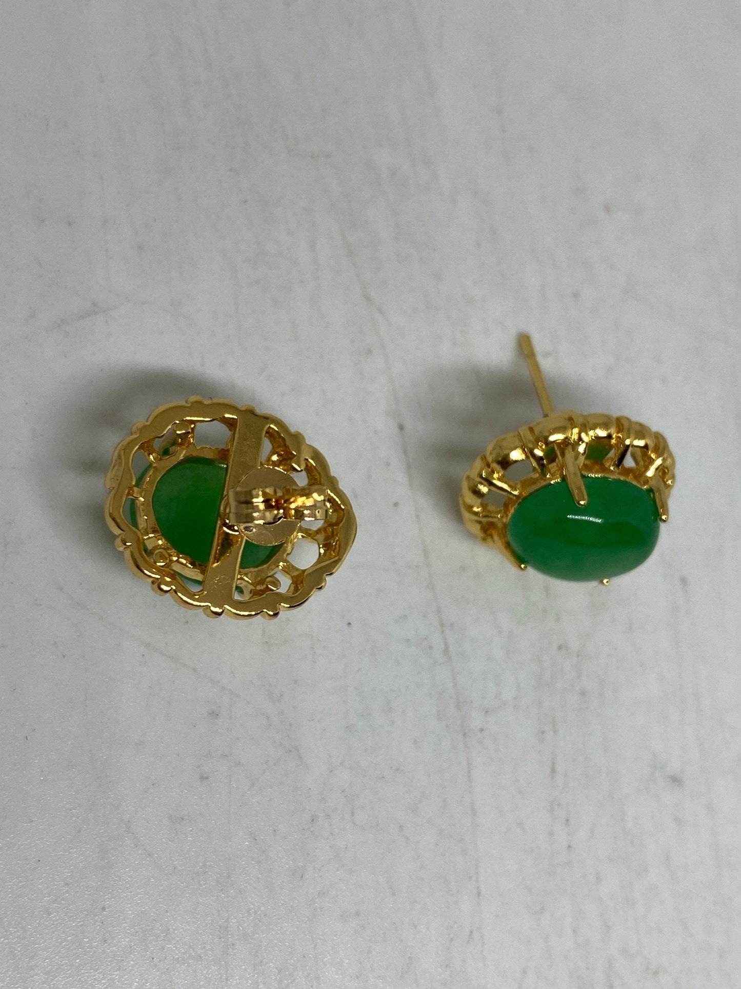 Vintage Fun Green Jade Gemstone Gold Rhodium Bronze Earrings