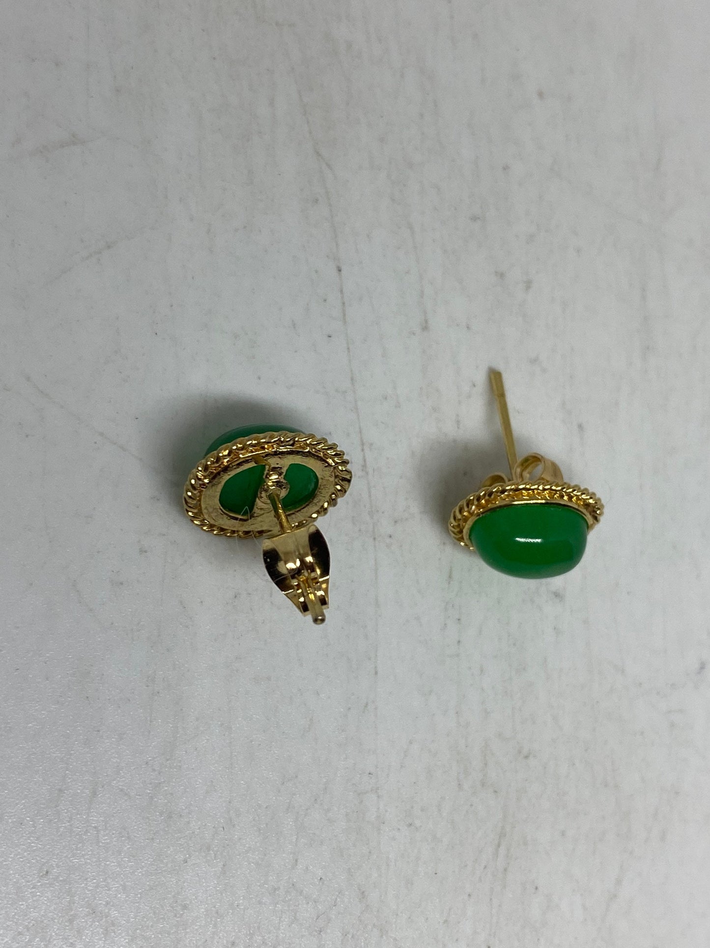 Vintage Fun Green Jade Gemstone Gold Rhodium Bronze Earrings