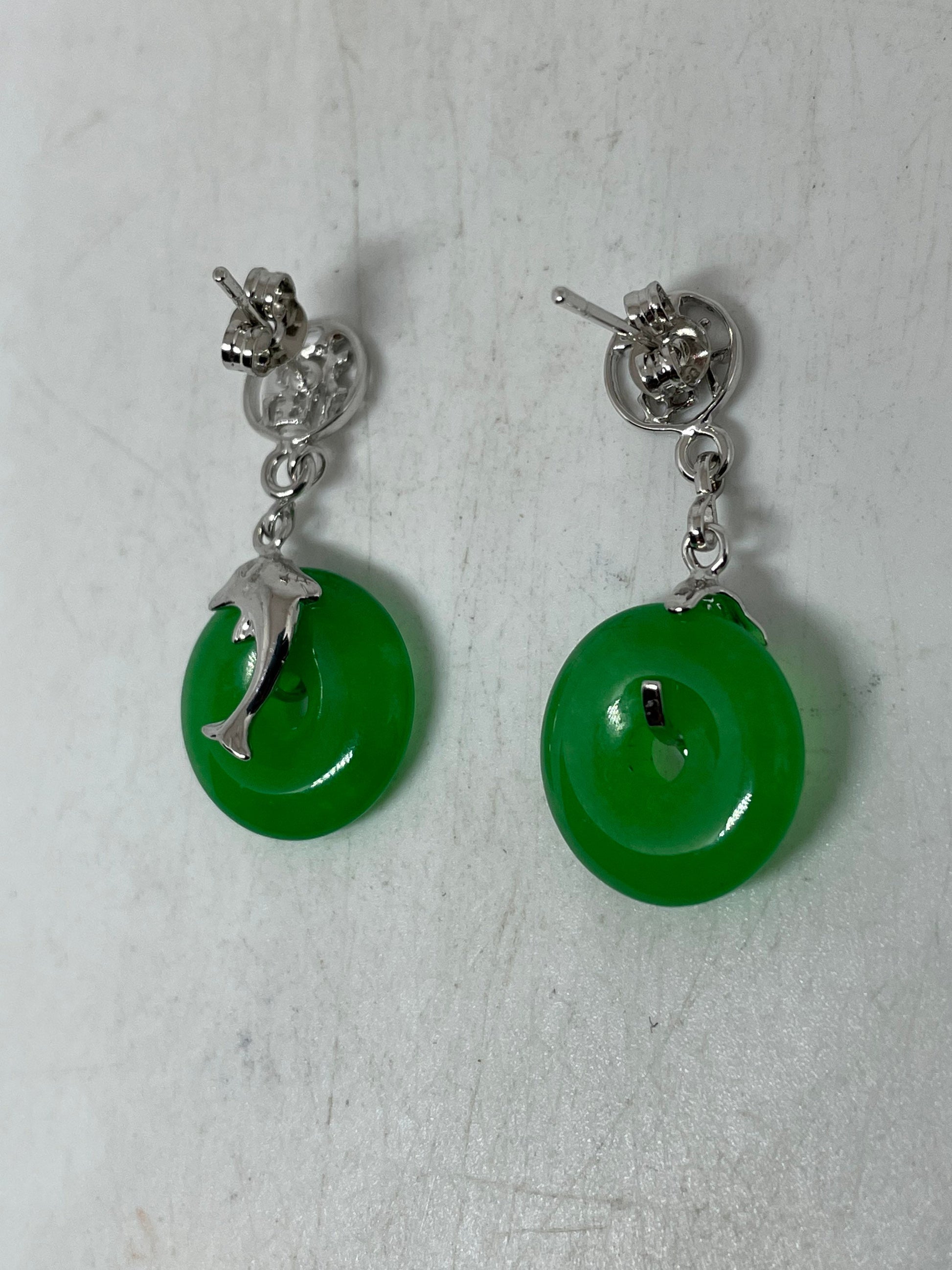 Vintage Fun Green Jade Gemstone Rhodium Bronze Earrings