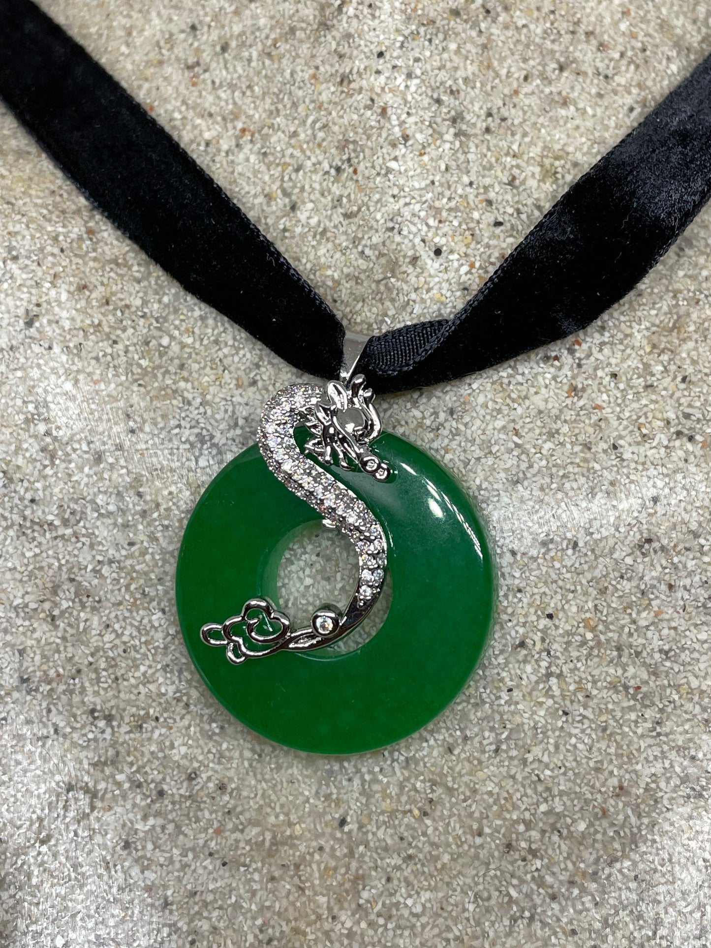 Vintage Green Jade Dragon Choker Silver Finish Necklace Pendant
