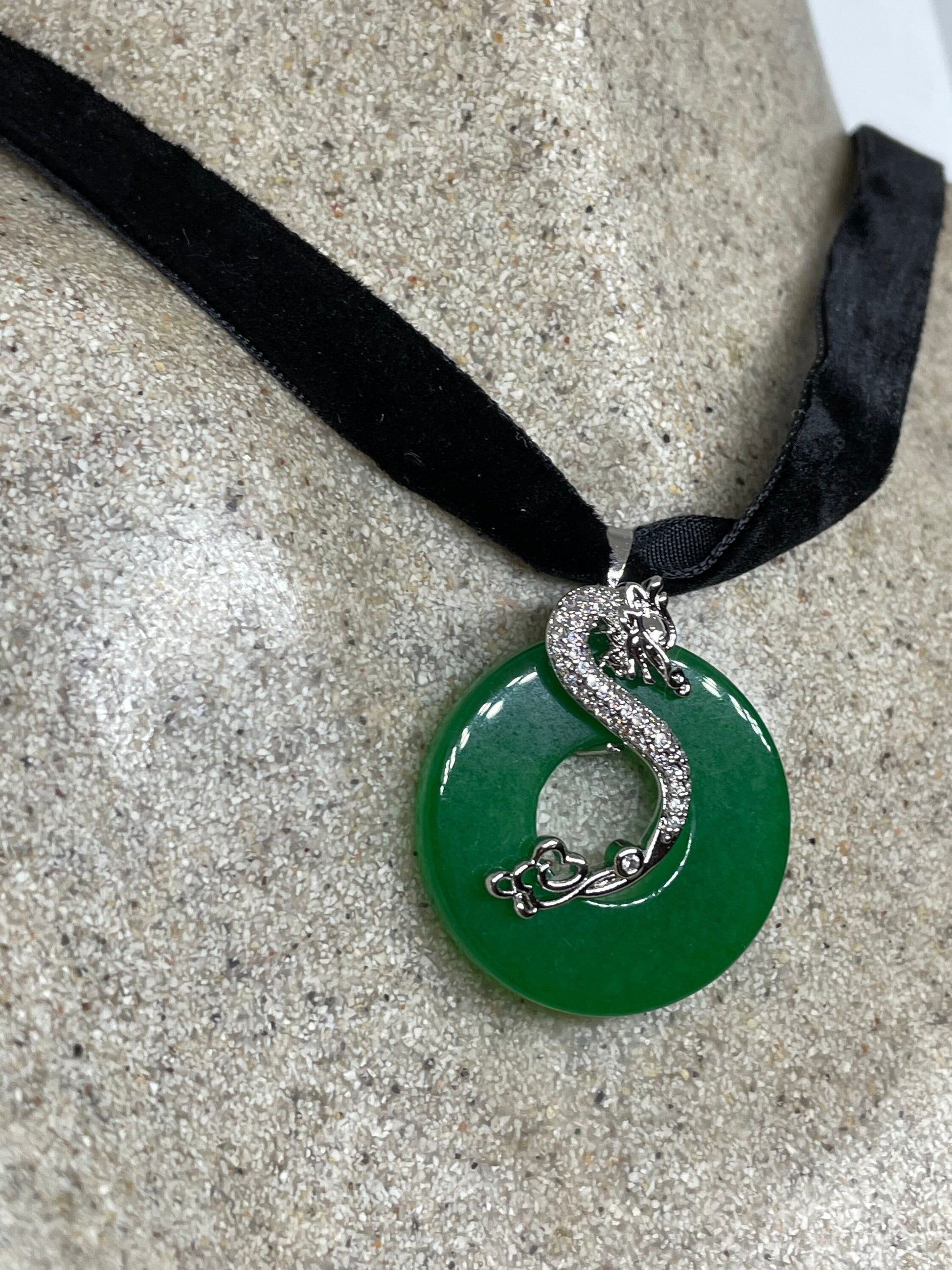 Vintage Green Jade Dragon Choker Silver Finish Necklace Pendant
