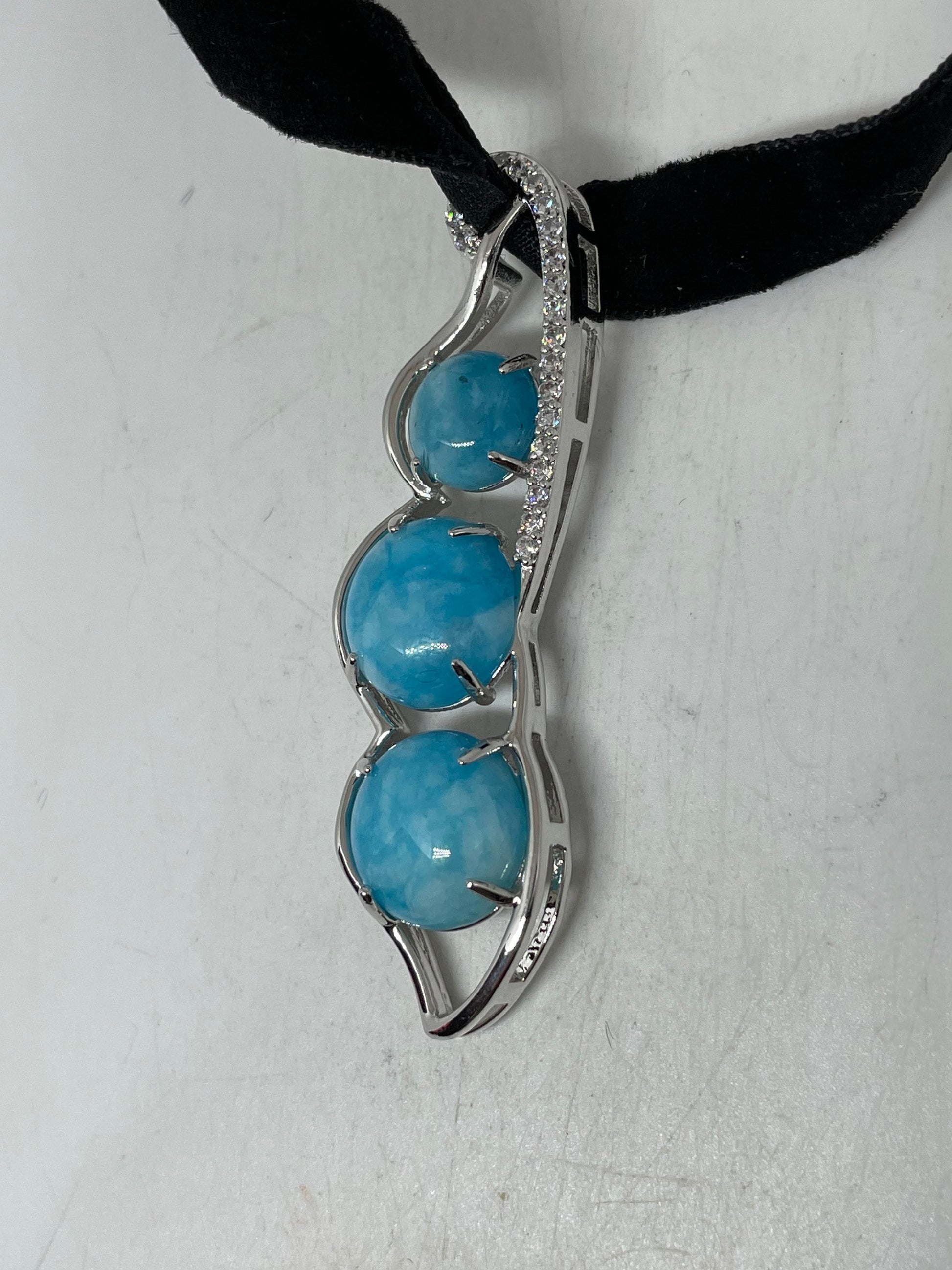 Vintage Blue Howlite Pea pod Choker Silver Finish Necklace Pendant