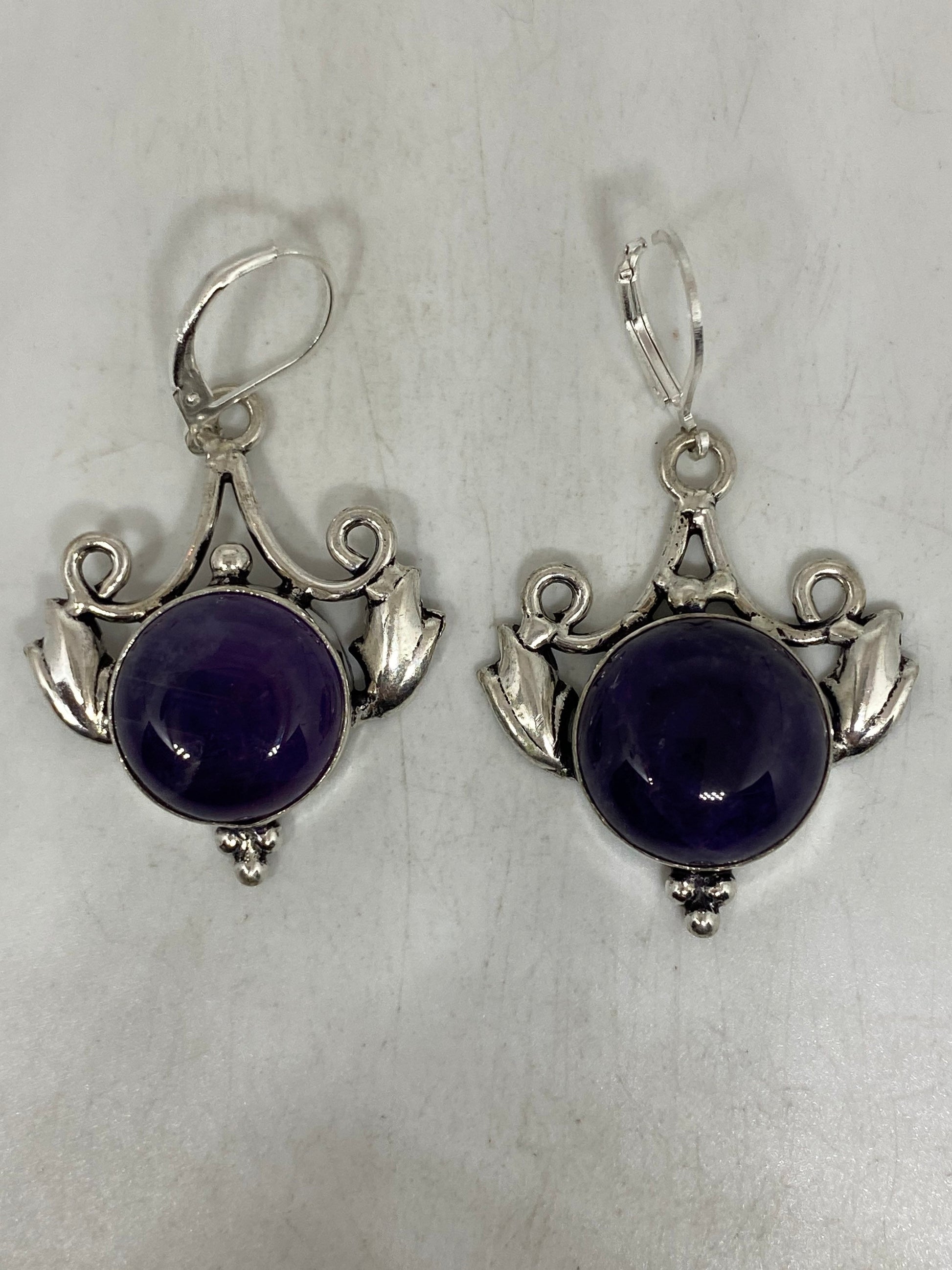 Vintage Purple Amethyst Earrings 925 Sterling Silver Leverback