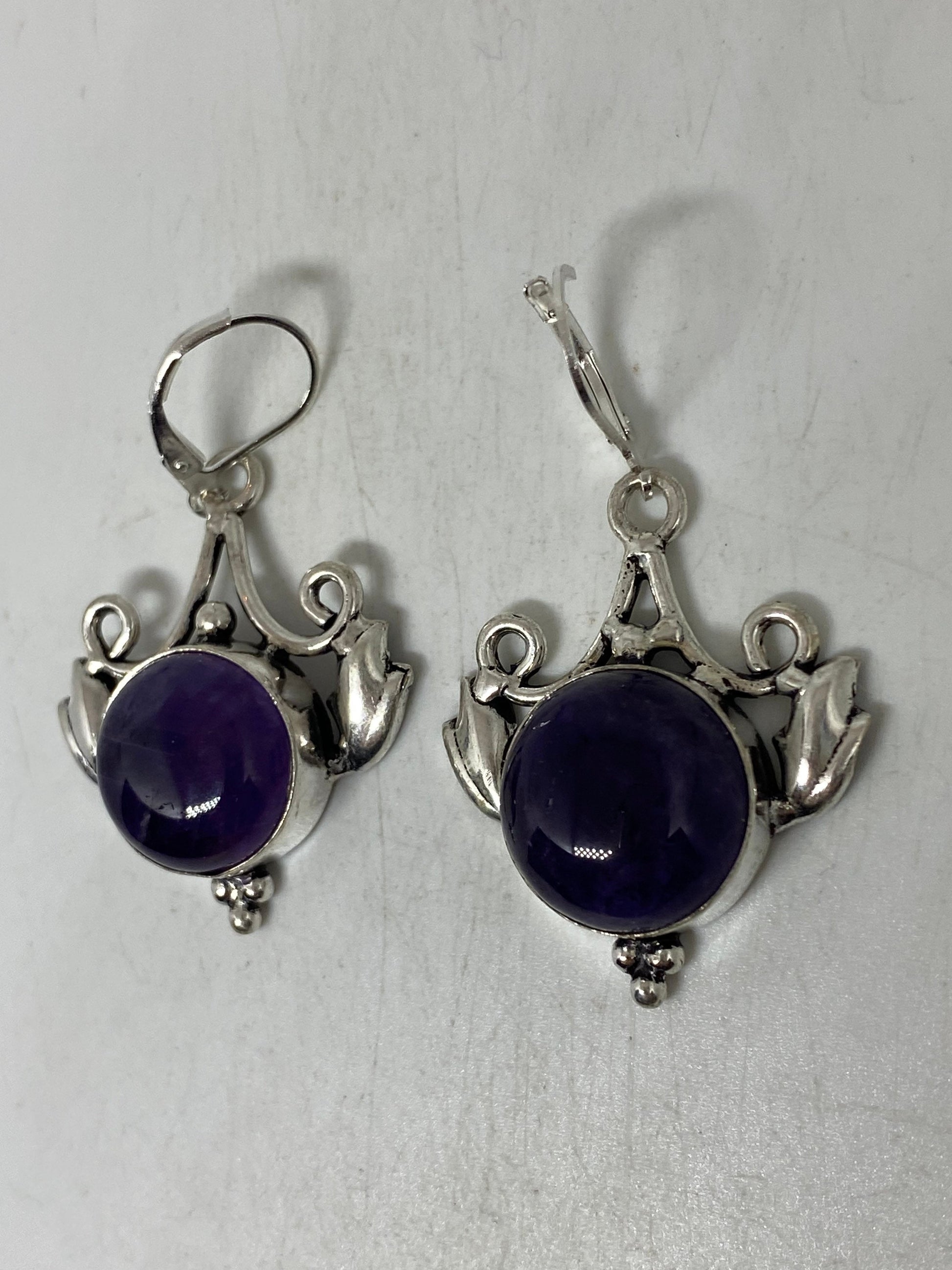 Vintage Purple Amethyst Earrings 925 Sterling Silver Leverback