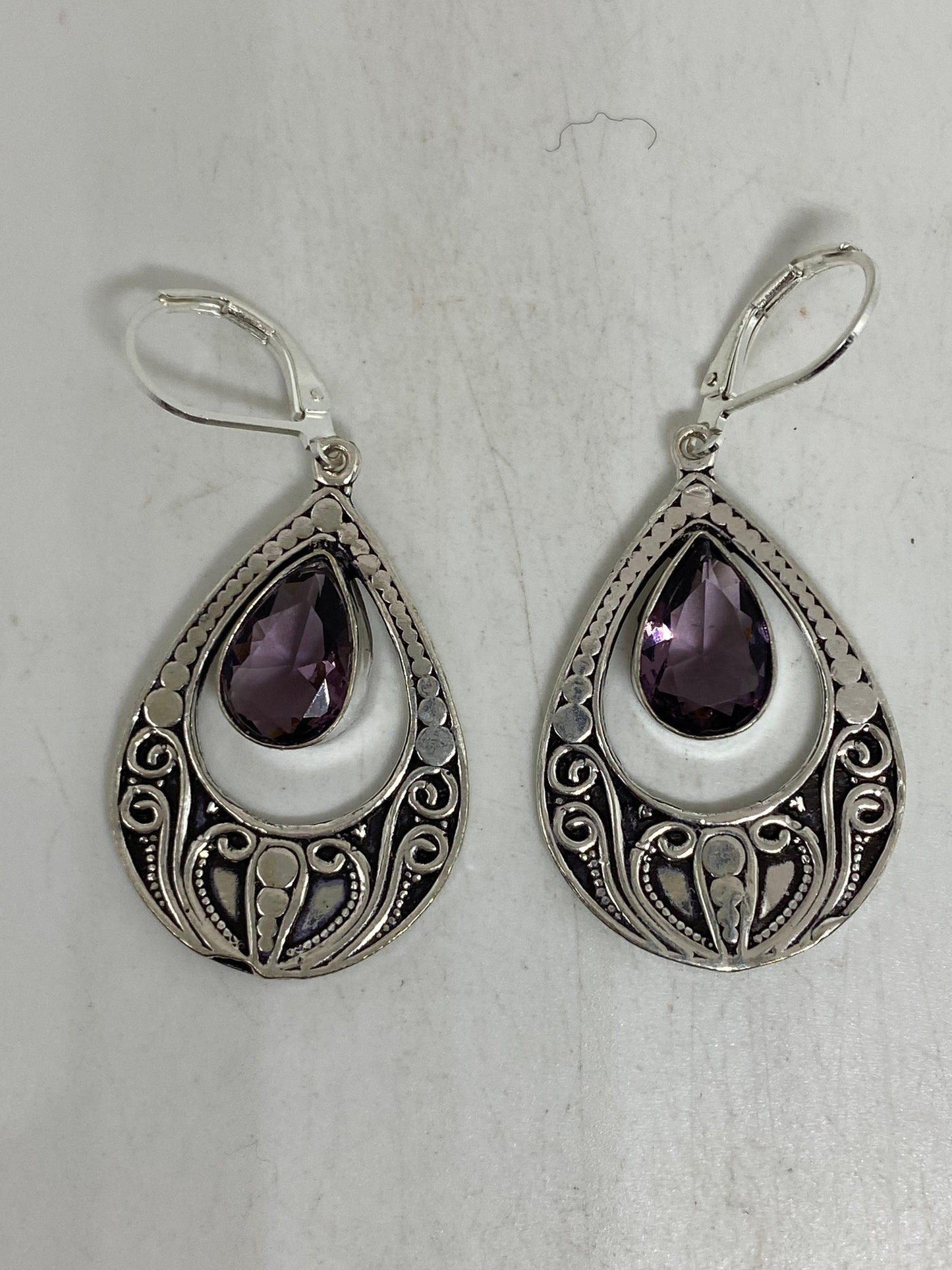 Vintage Purple Amethyst Earrings 925 Sterling Silver Leverback