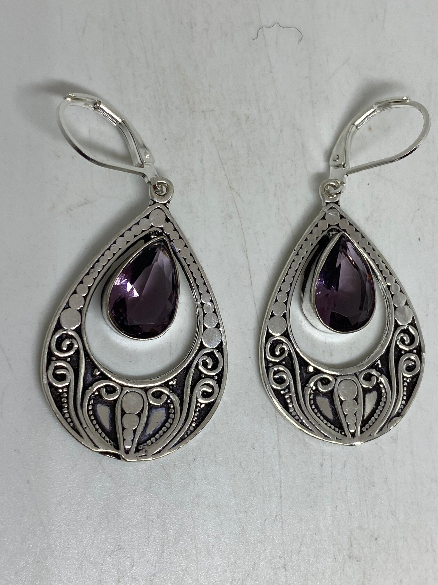 Vintage Purple Amethyst Earrings 925 Sterling Silver Leverback