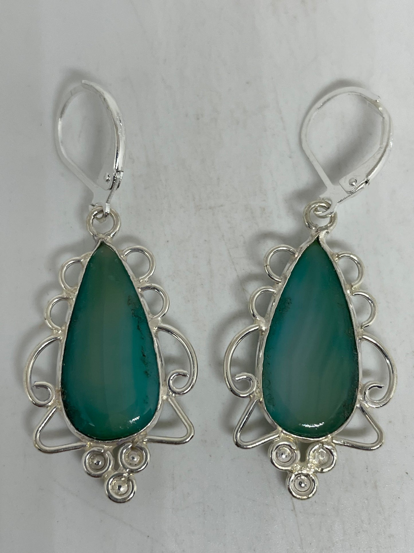 Antique Vintage Green Chrysoprase Silver Dangle Earrings