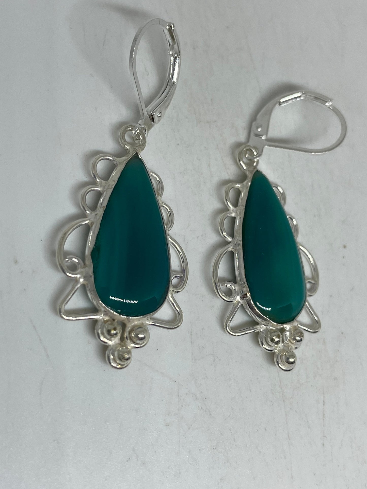 Antique Vintage Green Chrysoprase Silver Dangle Earrings