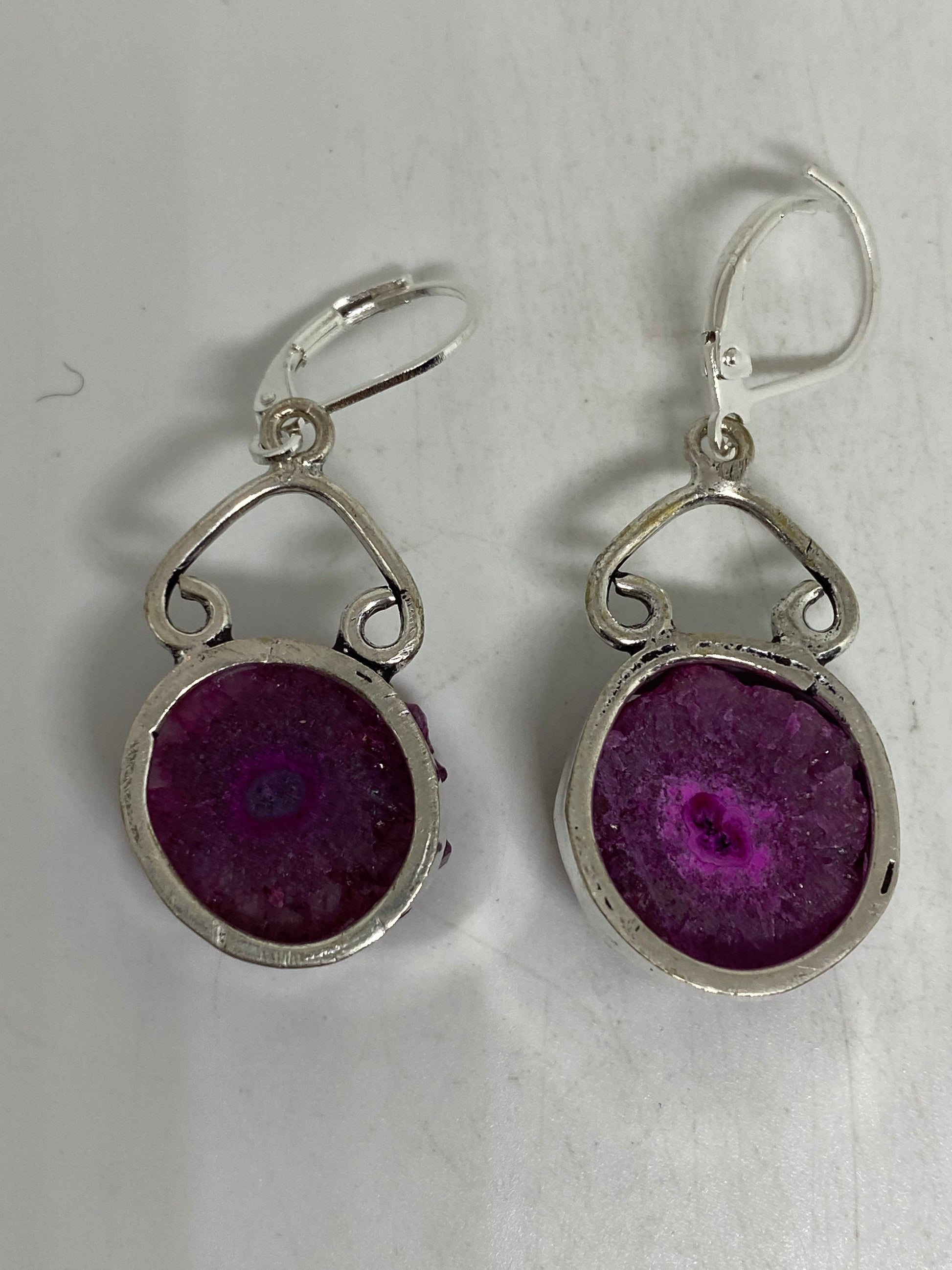 Antique Vintage Purple Banded agate Silver Dangle Earrings