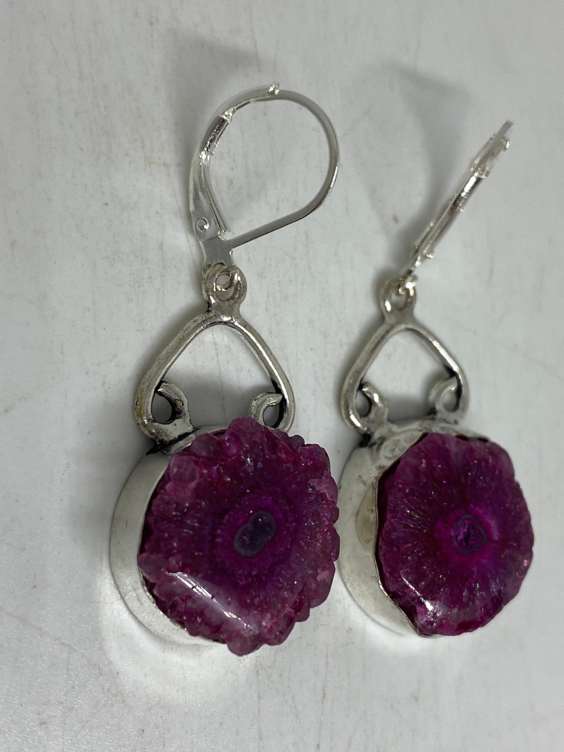 Antique Vintage Purple Banded agate Silver Dangle Earrings