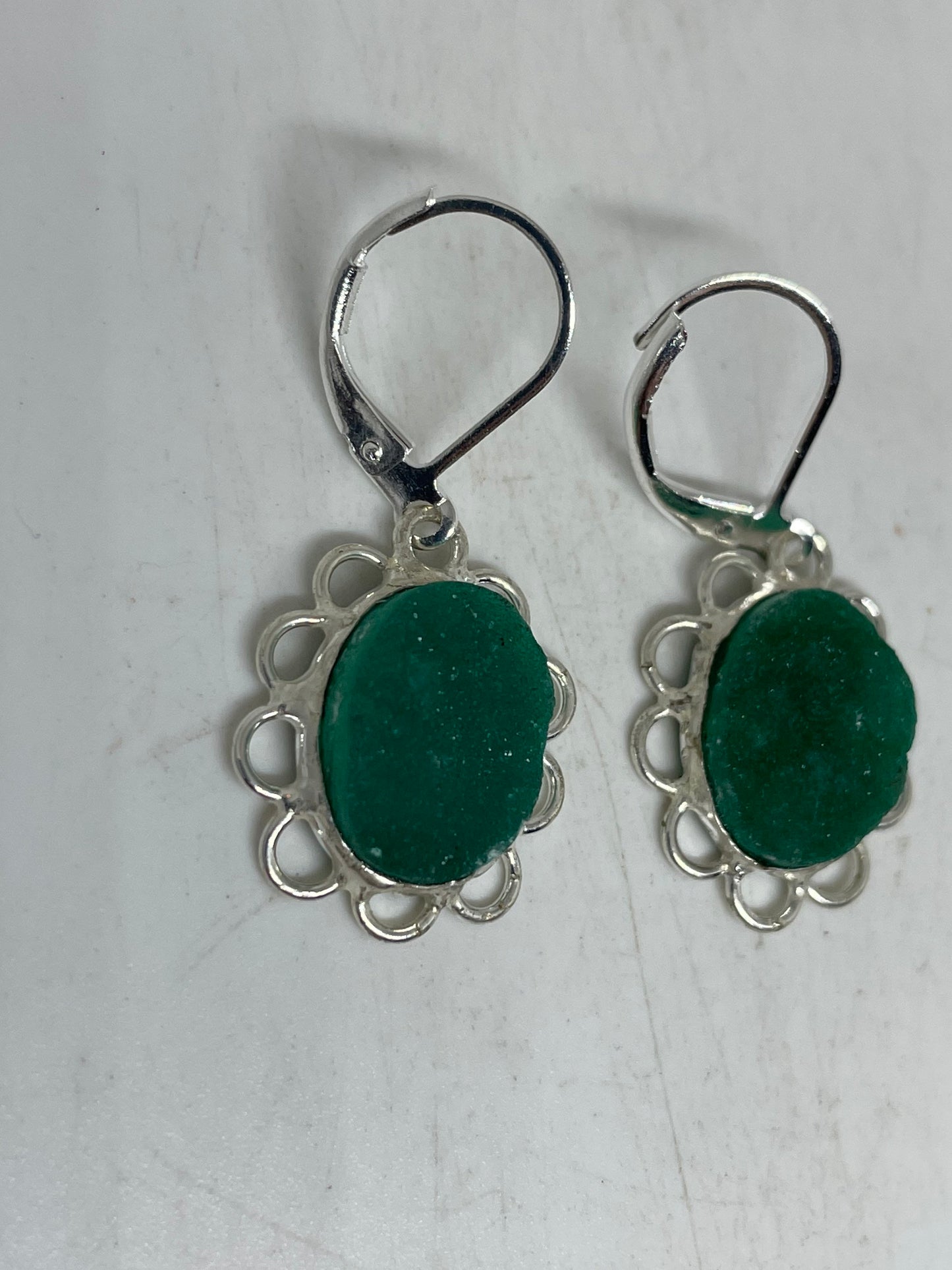 Vintage 925 Sterling Silver Chrome Diopside Druzy Chandelier Earrings