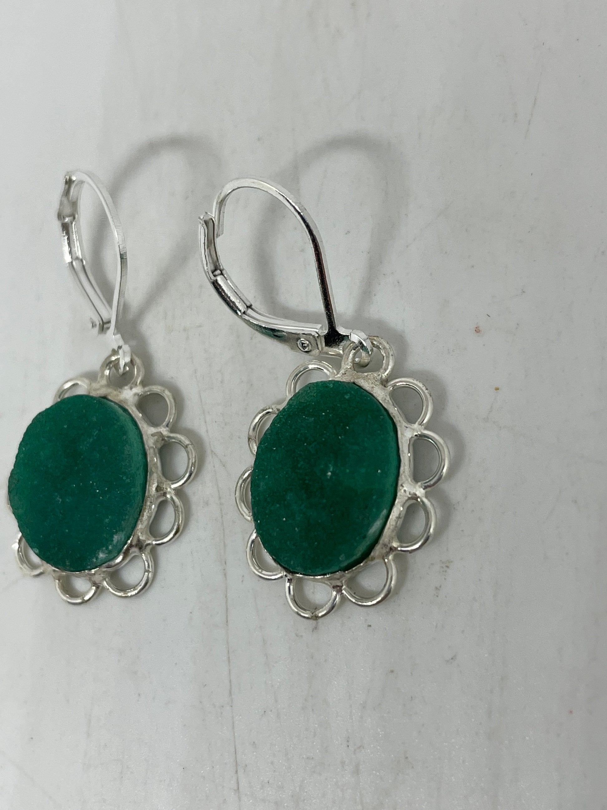 Vintage 925 Sterling Silver Chrome Diopside Druzy Chandelier Earrings