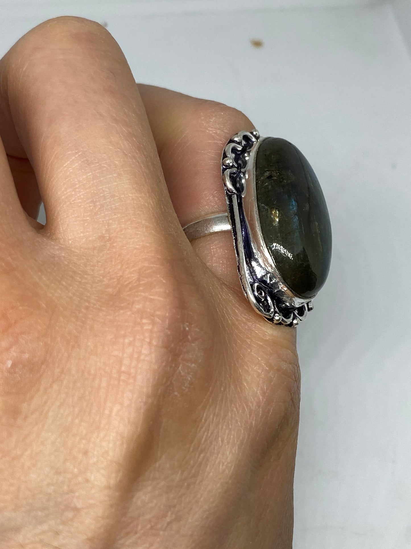 Vintage Large Blue Green Labradorite Stone Silver Ring