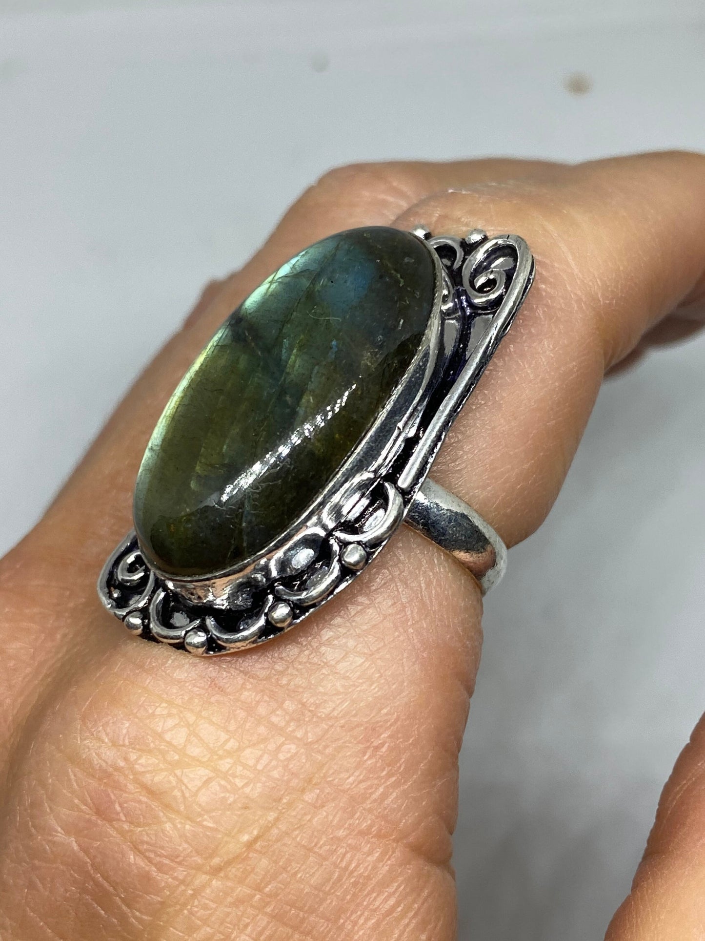 Vintage Large Blue Green Labradorite Stone Silver Ring