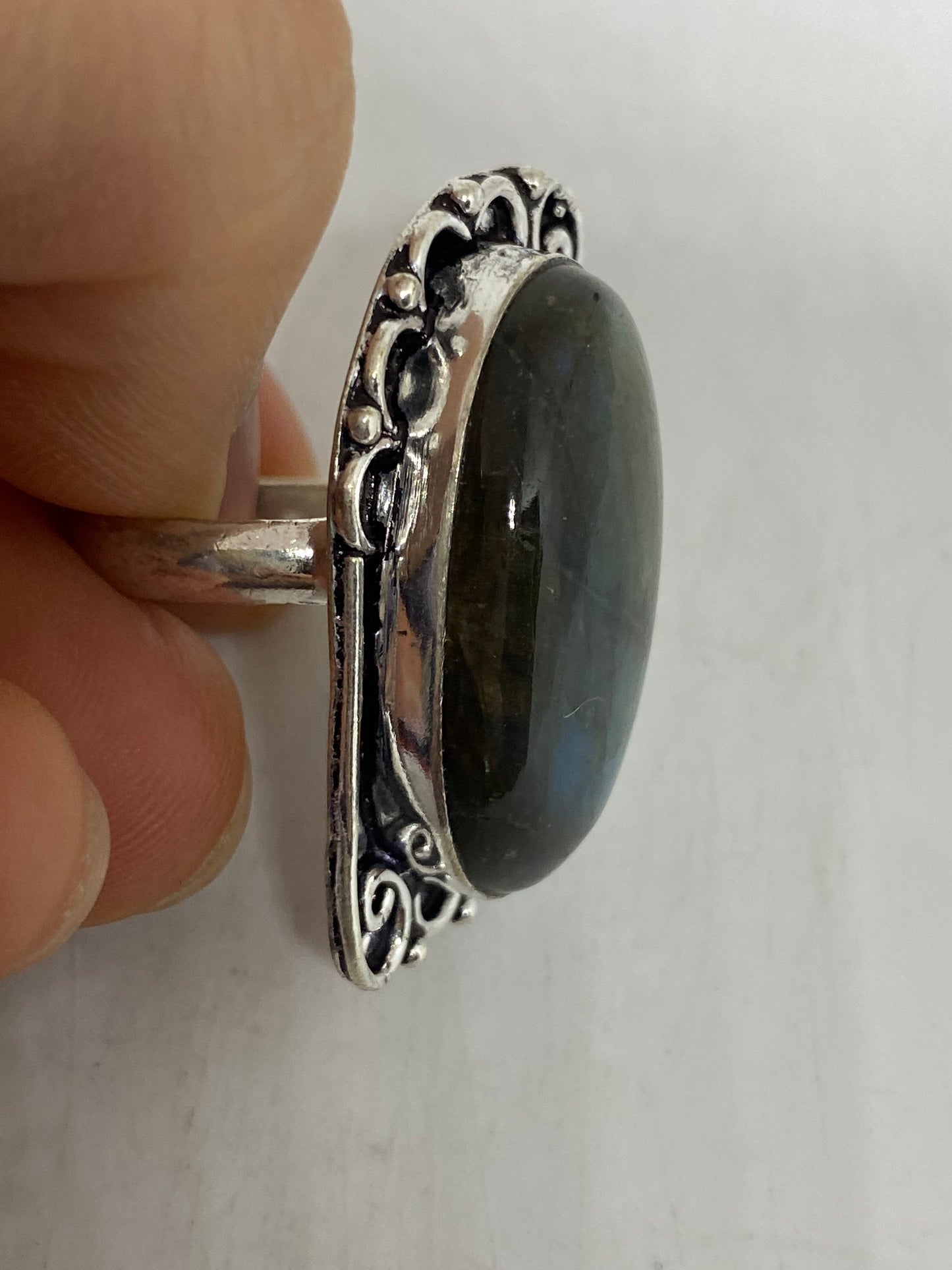 Vintage Large Blue Green Labradorite Stone Silver Ring