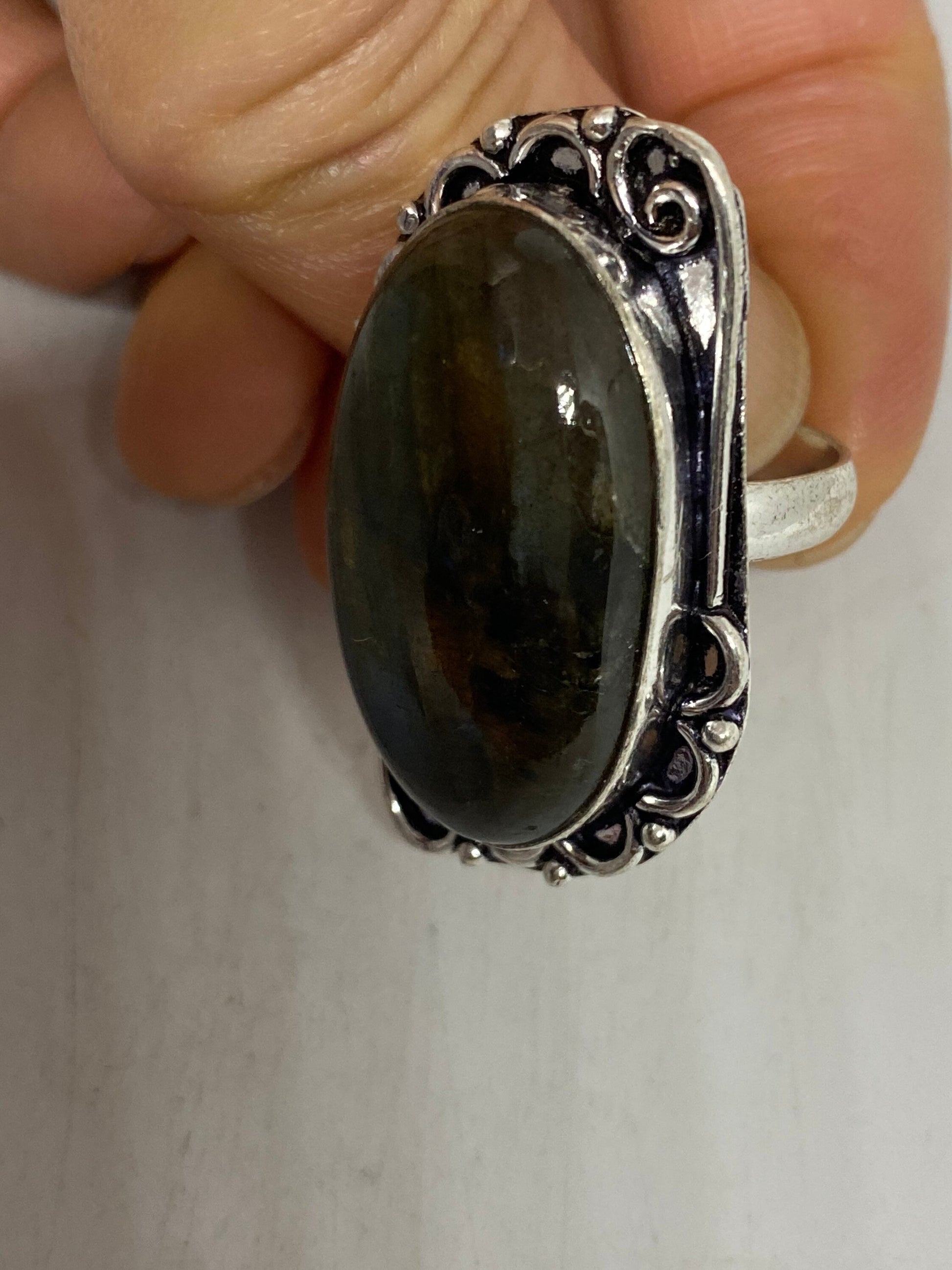 Vintage Large Blue Green Labradorite Stone Silver Ring