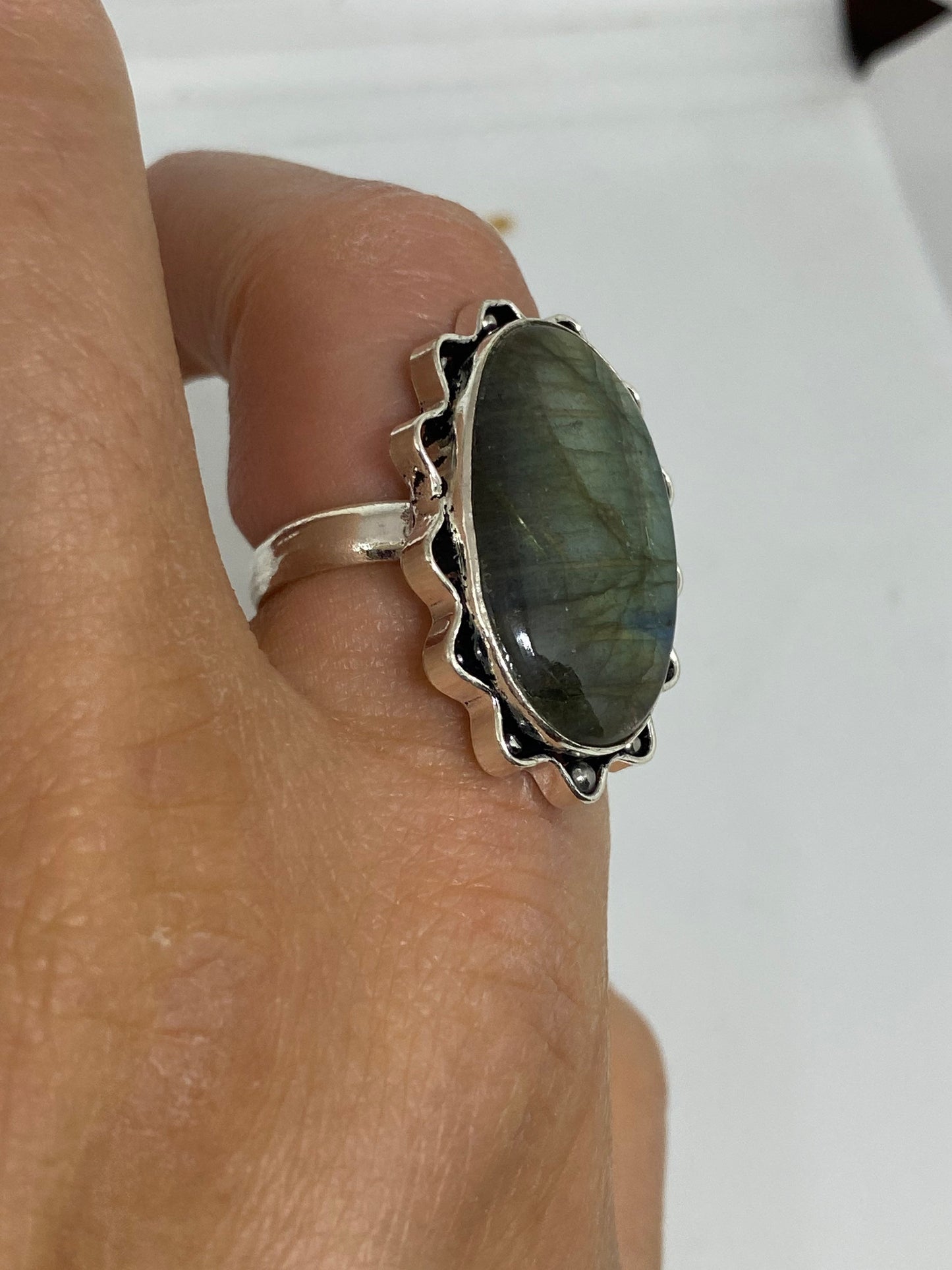 Vintage Large Blue Green Labradorite Stone Silver Ring