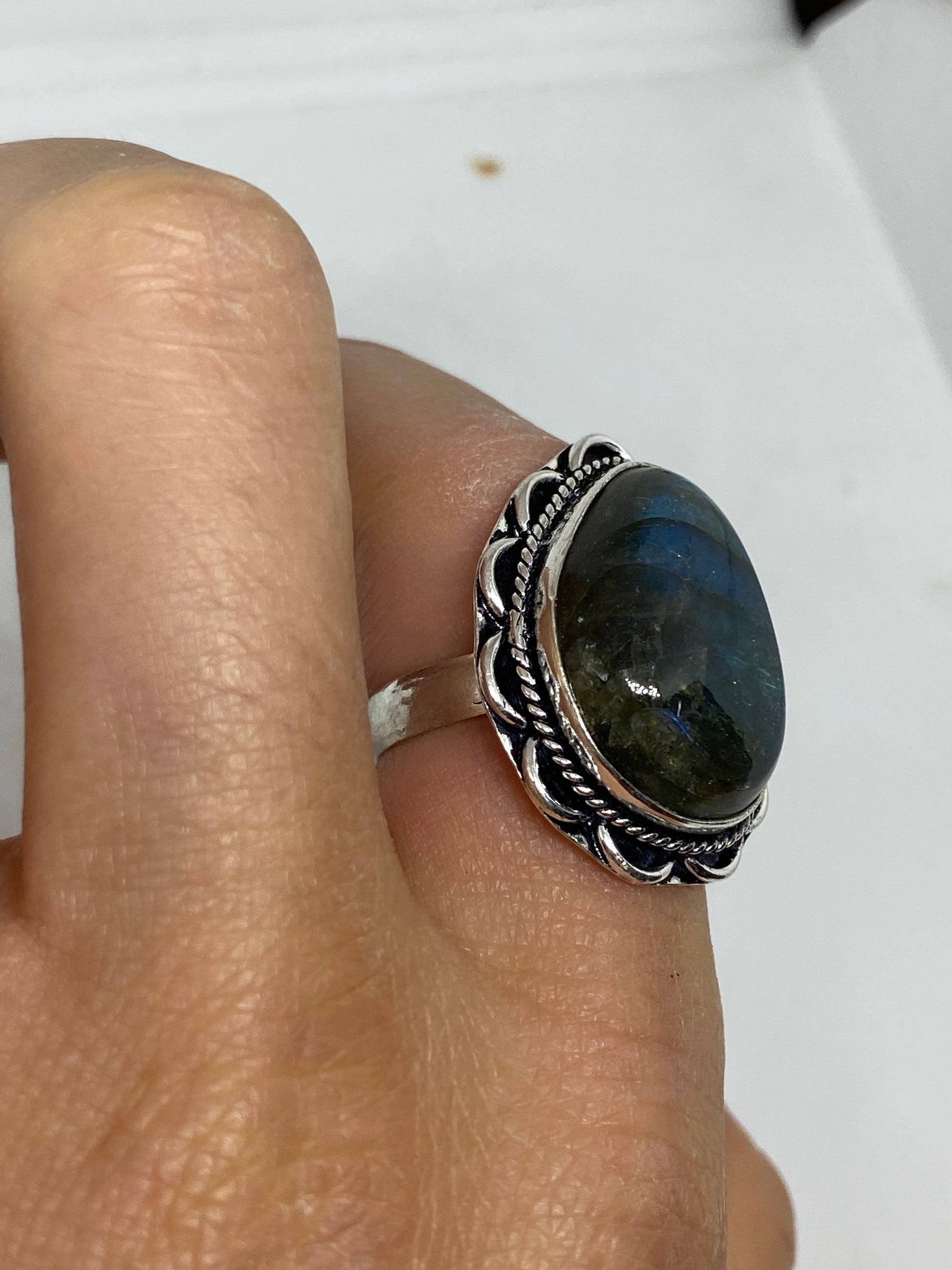 Vintage Large Blue Green Labradorite Stone Silver Ring