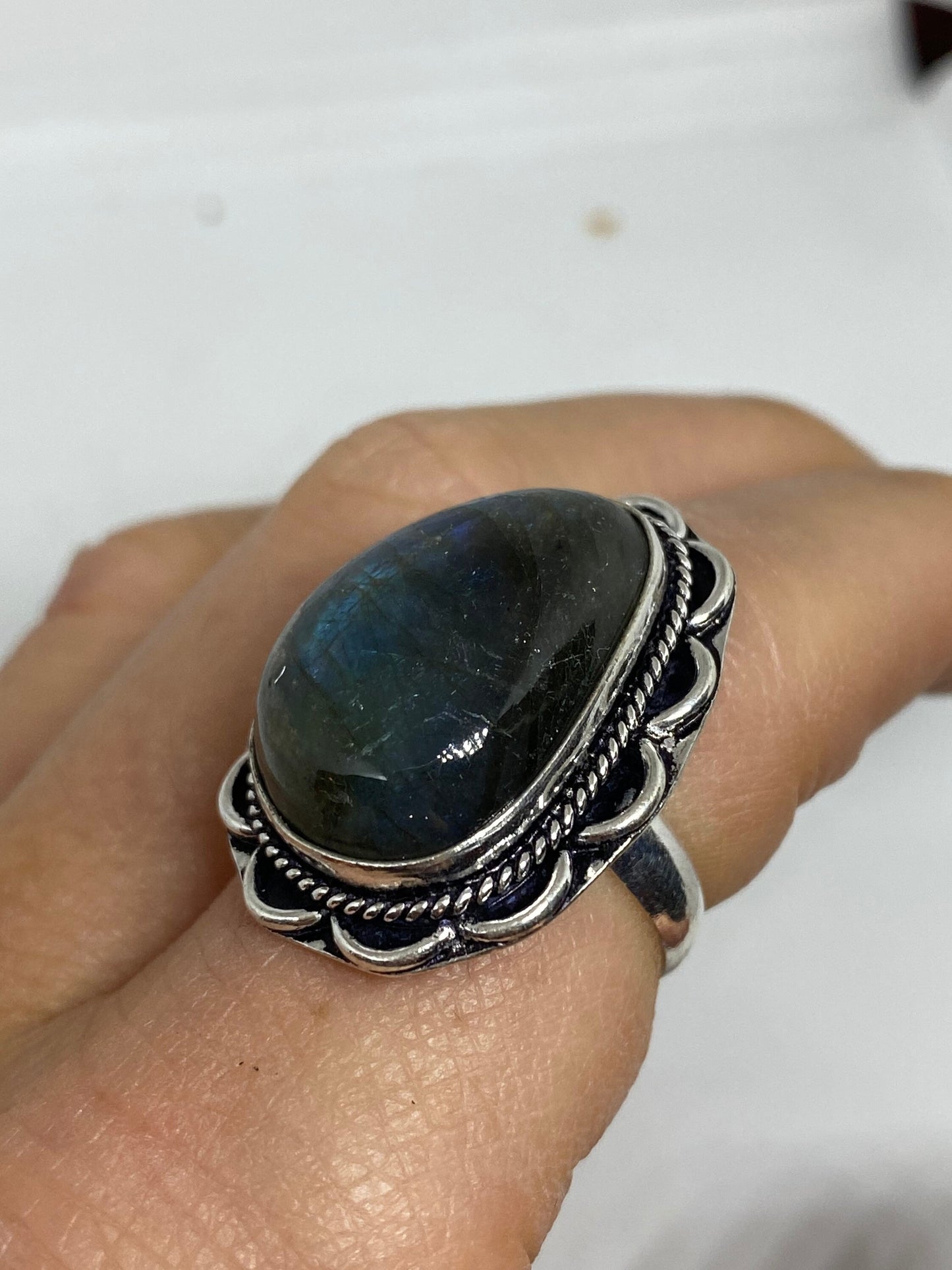 Vintage Large Blue Green Labradorite Stone Silver Ring