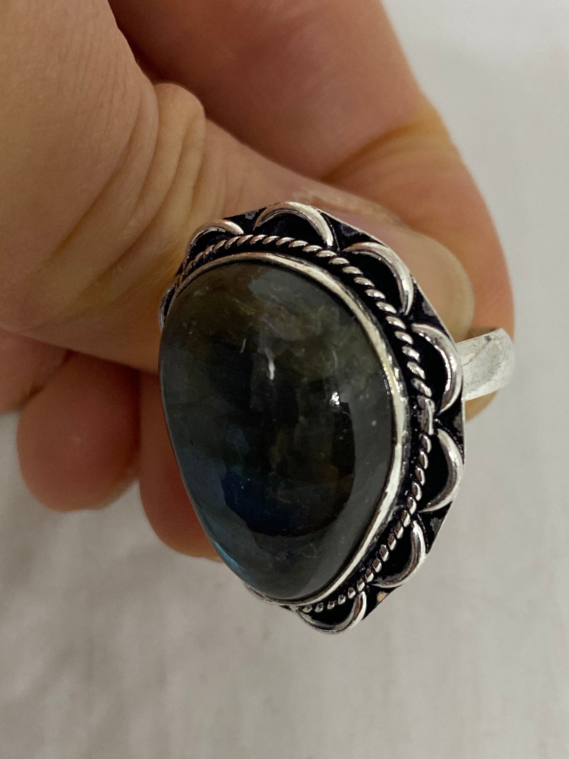 Vintage Large Blue Green Labradorite Stone Silver Ring