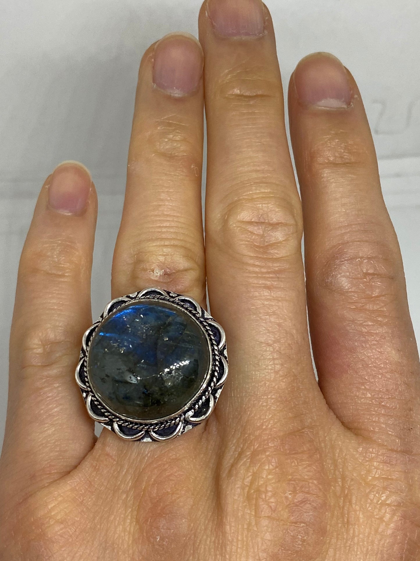 Vintage Large Blue Green Labradorite Stone Silver Ring