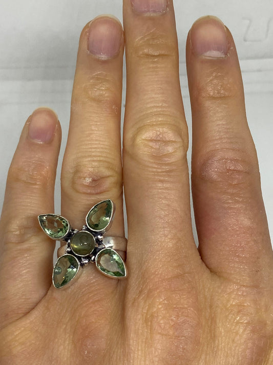 Vintage Blue Green Labradorite and Green Amethyst Stone Silver Ring