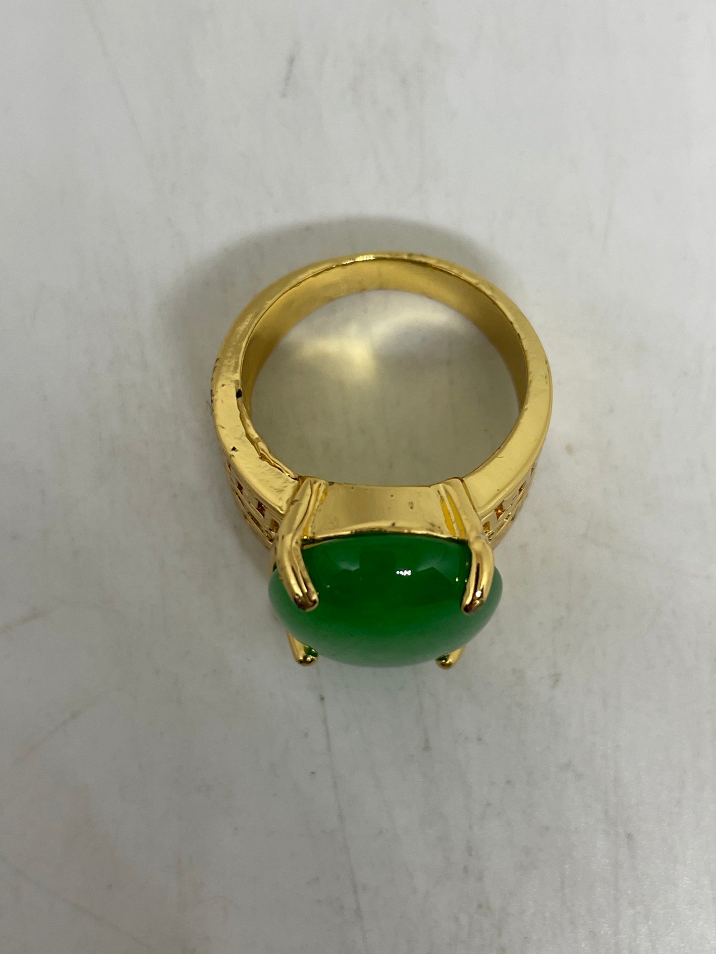 Vintage Lucky Green Nephrite Jade Golden Ring