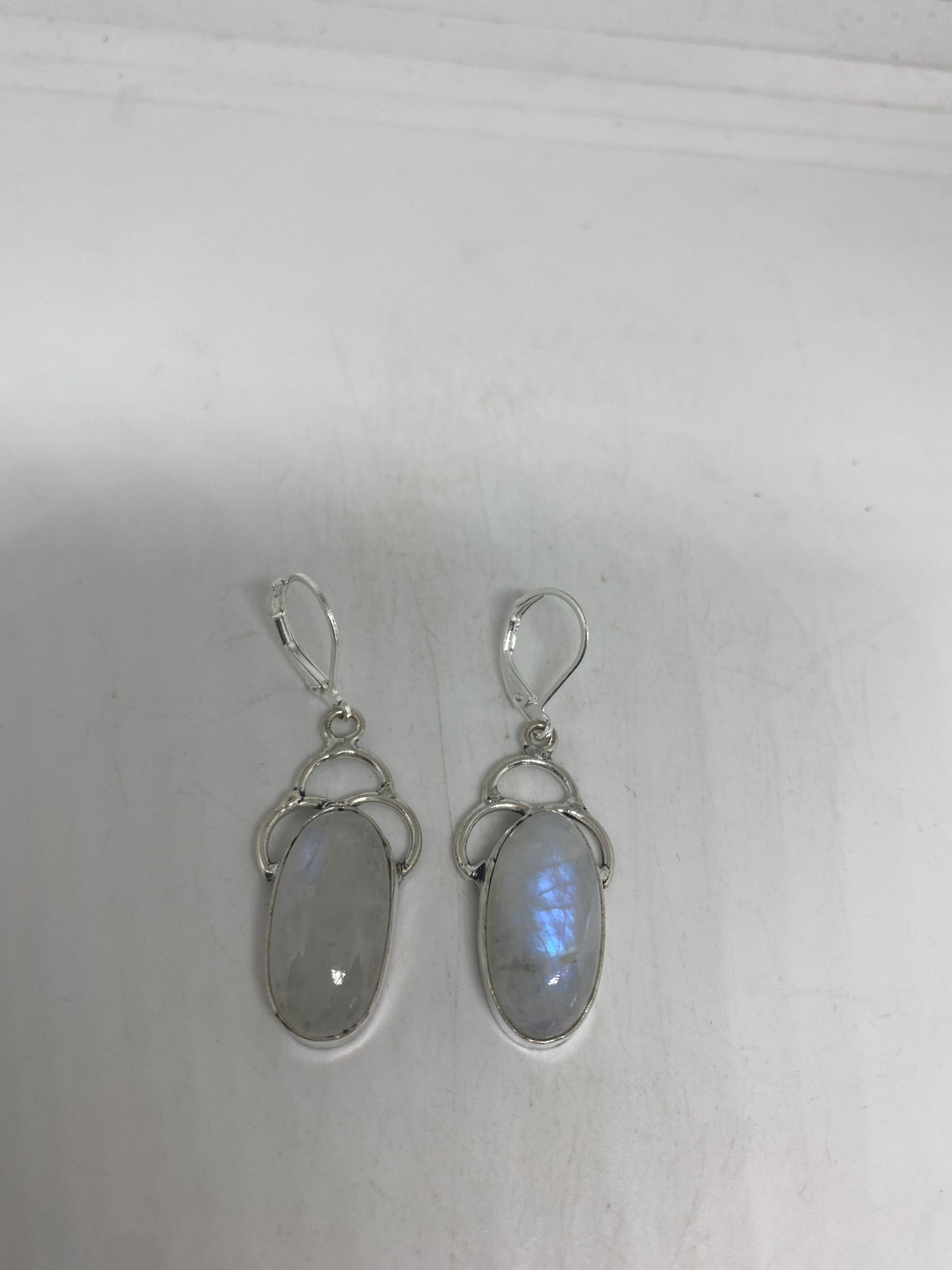 Vintage Rainbow Moonstone Sterling Silver Lever Back Dangle Earrings