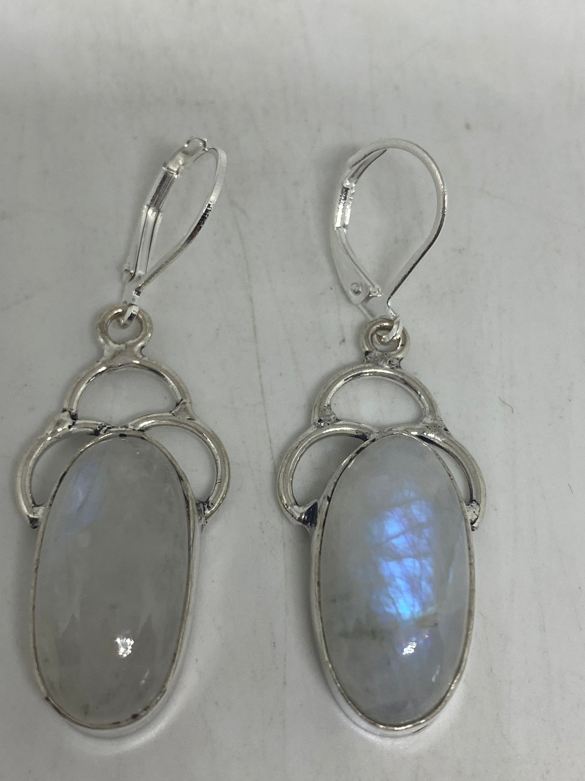 Vintage Rainbow Moonstone Sterling Silver Lever Back Dangle Earrings