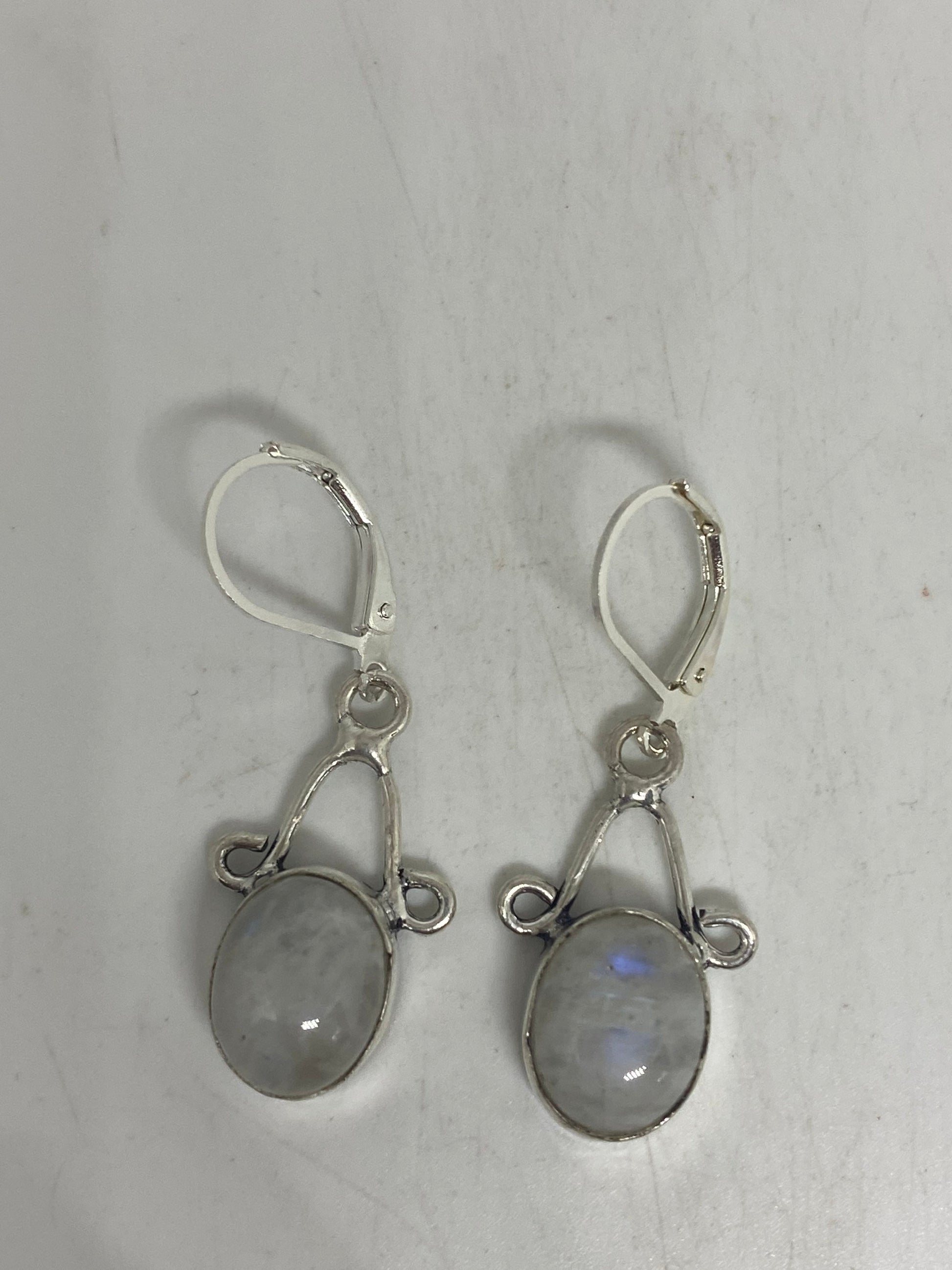 Vintage Rainbow Moonstone Sterling Silver Lever Back Dangle Earrings