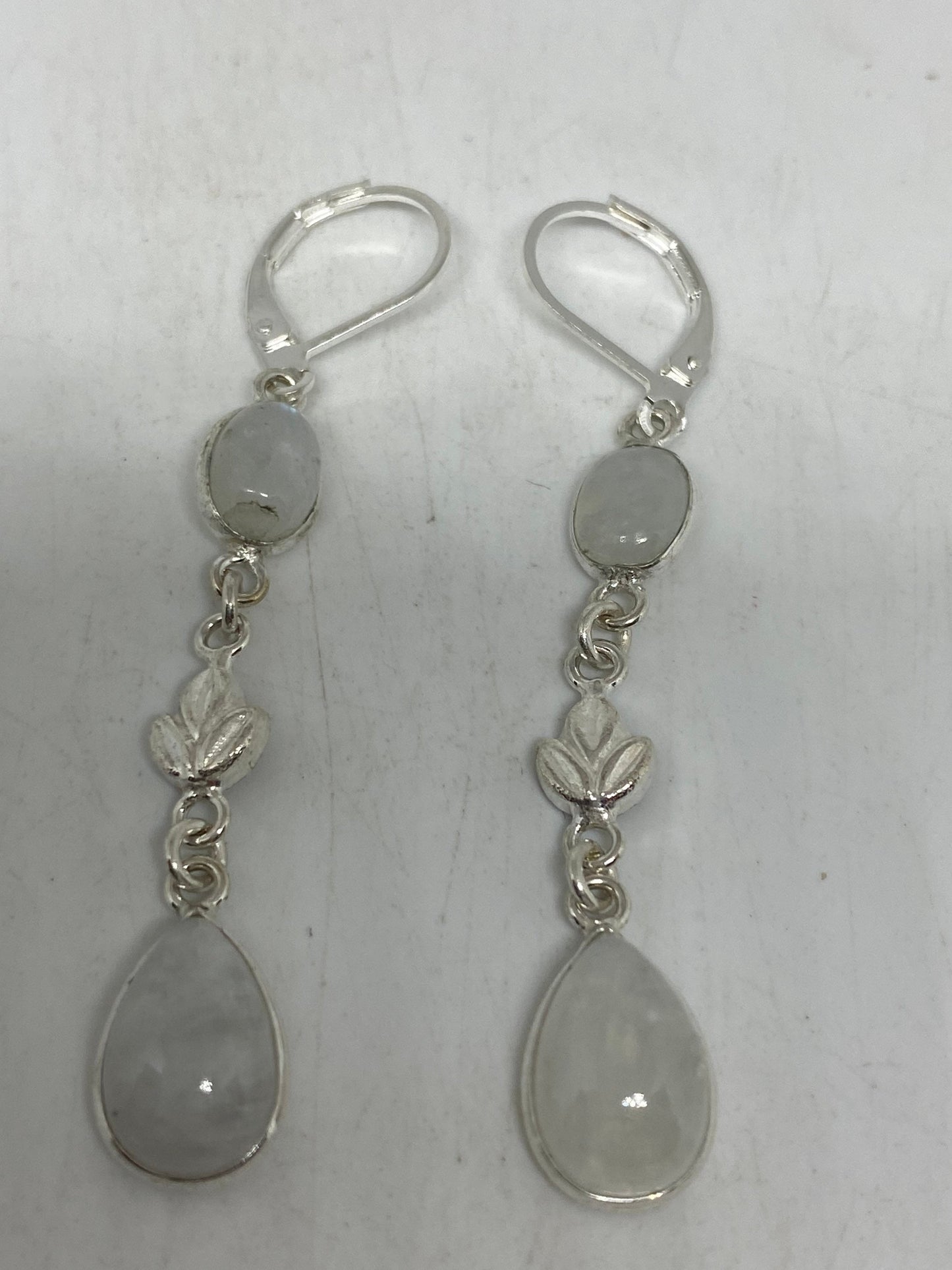 Vintage Rainbow Moonstone Sterling Silver Lever Back Dangle Earrings