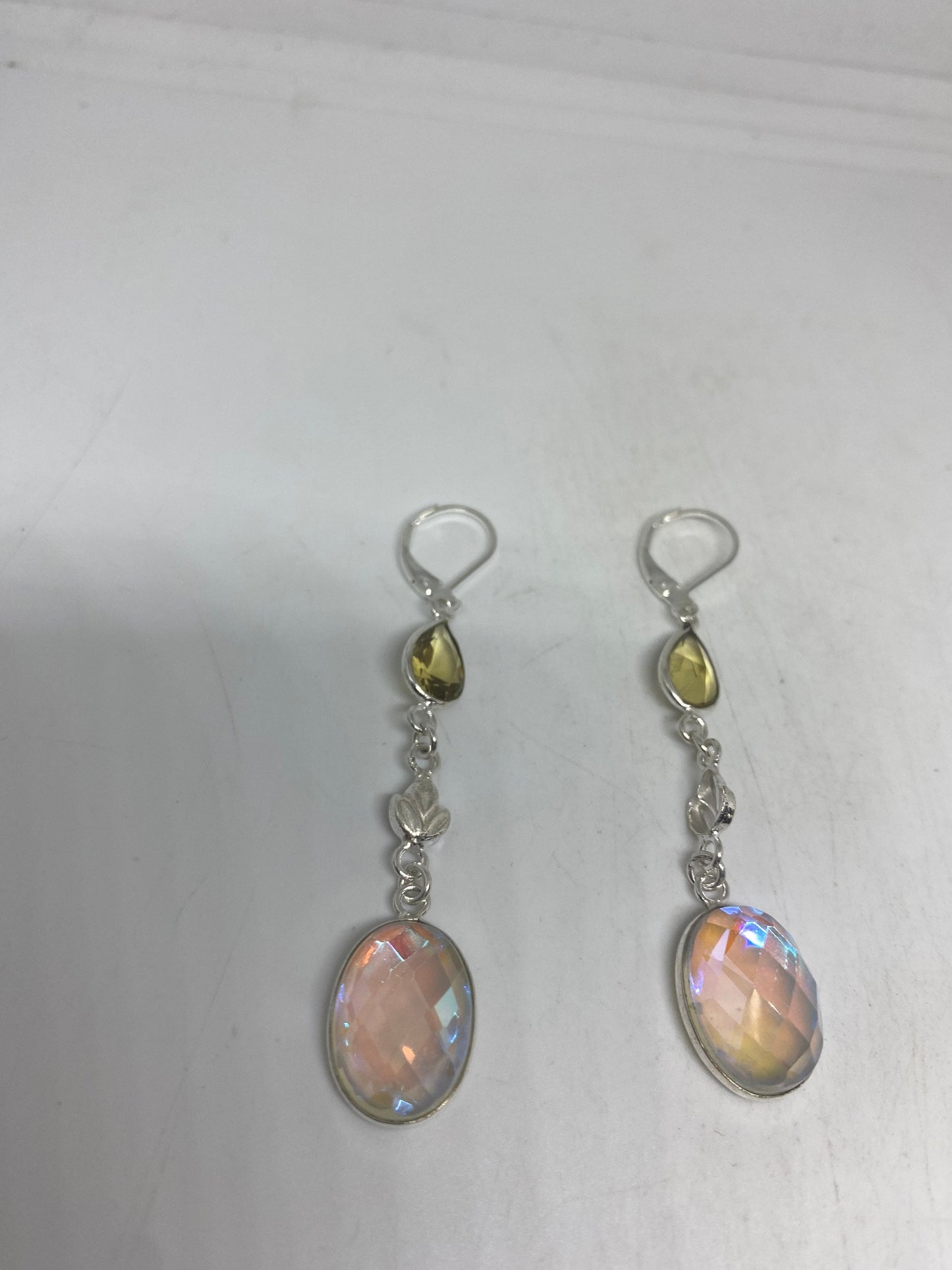 Antique Vintage Blue White Opal Glass Silver Dangle Earrings