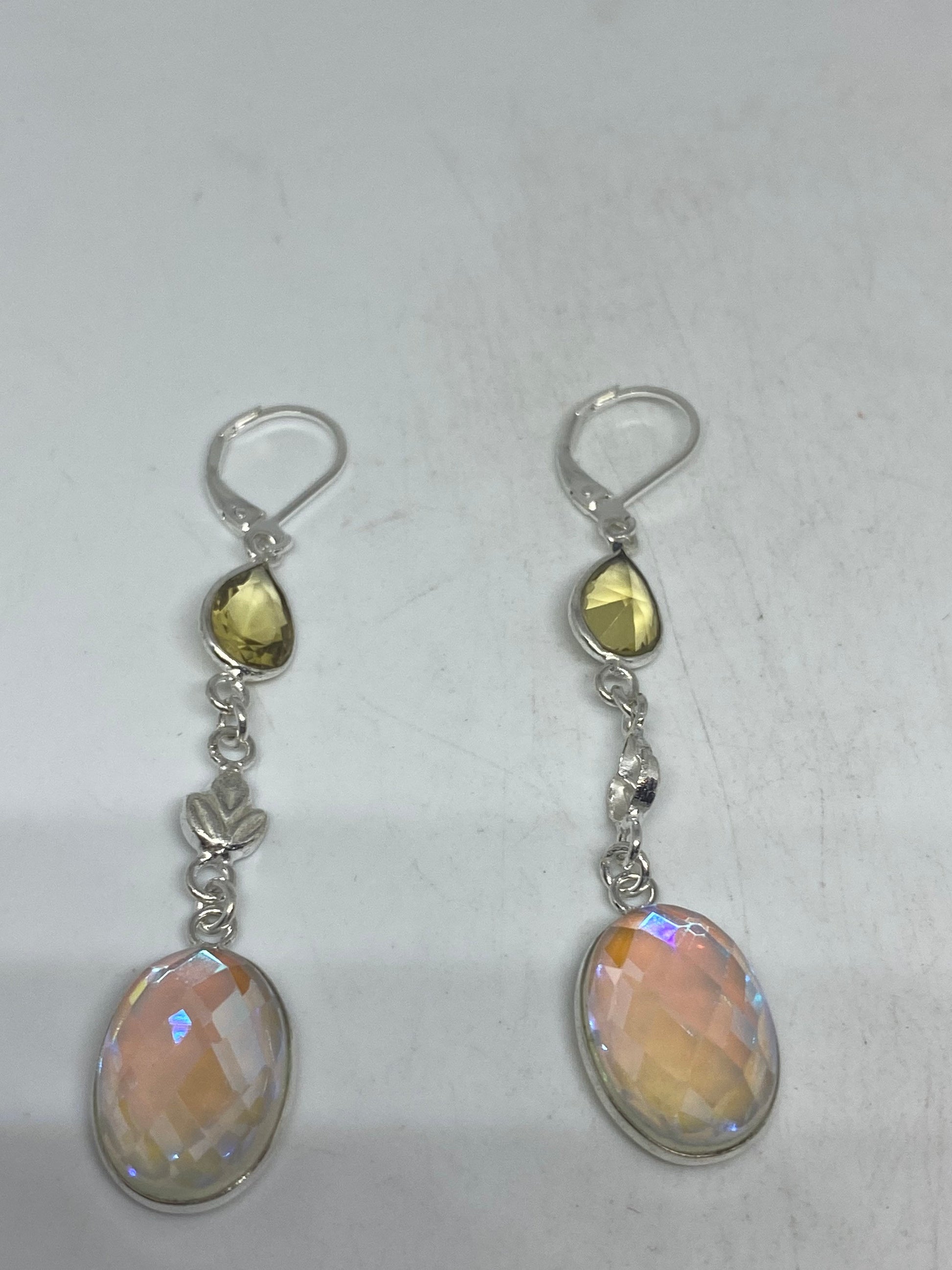 Antique Vintage Blue White Opal Glass Silver Dangle Earrings