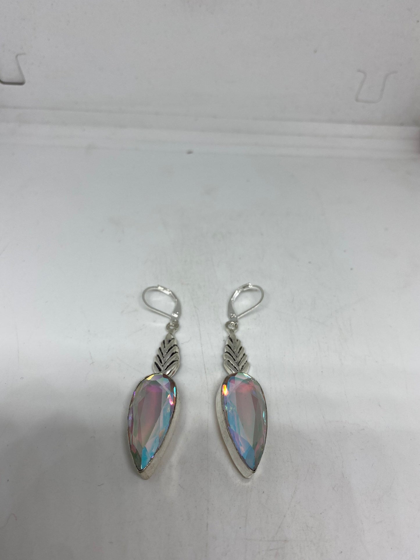 Antique Vintage Blue White Opal Glass Silver Dangle Earrings