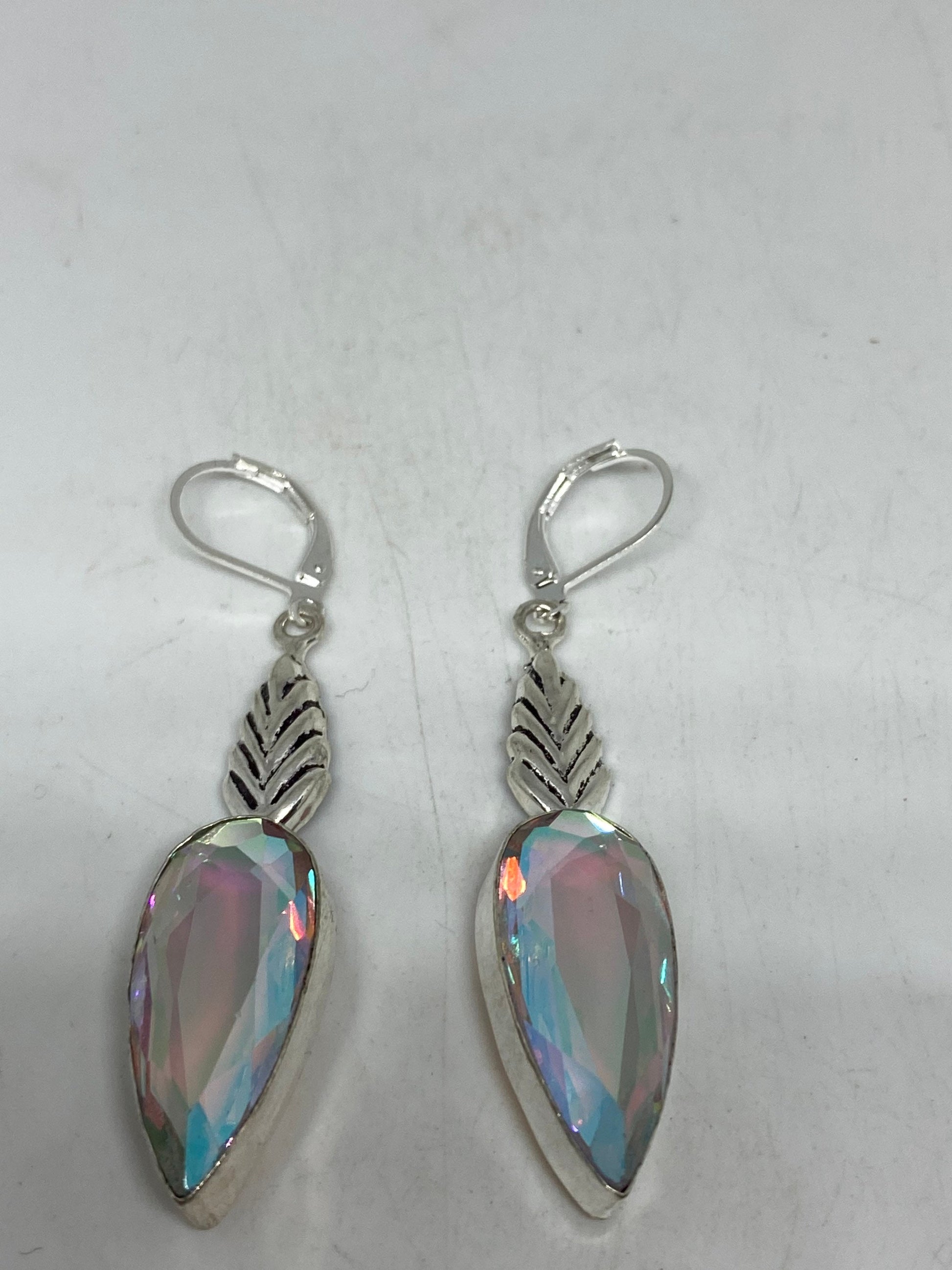 Antique Vintage Blue White Opal Glass Silver Dangle Earrings