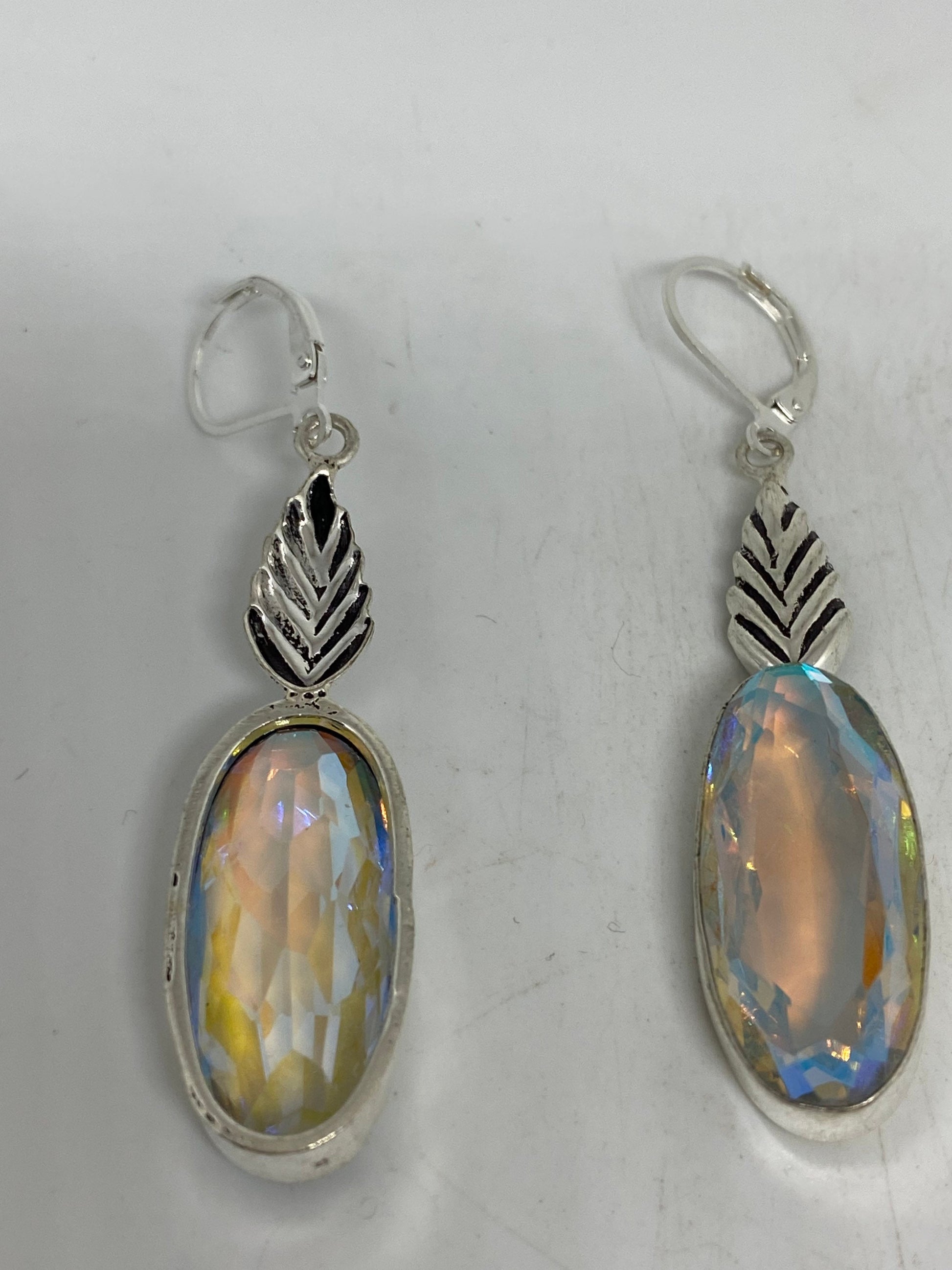 Antique Vintage Blue White Opal Glass Silver Dangle Earrings