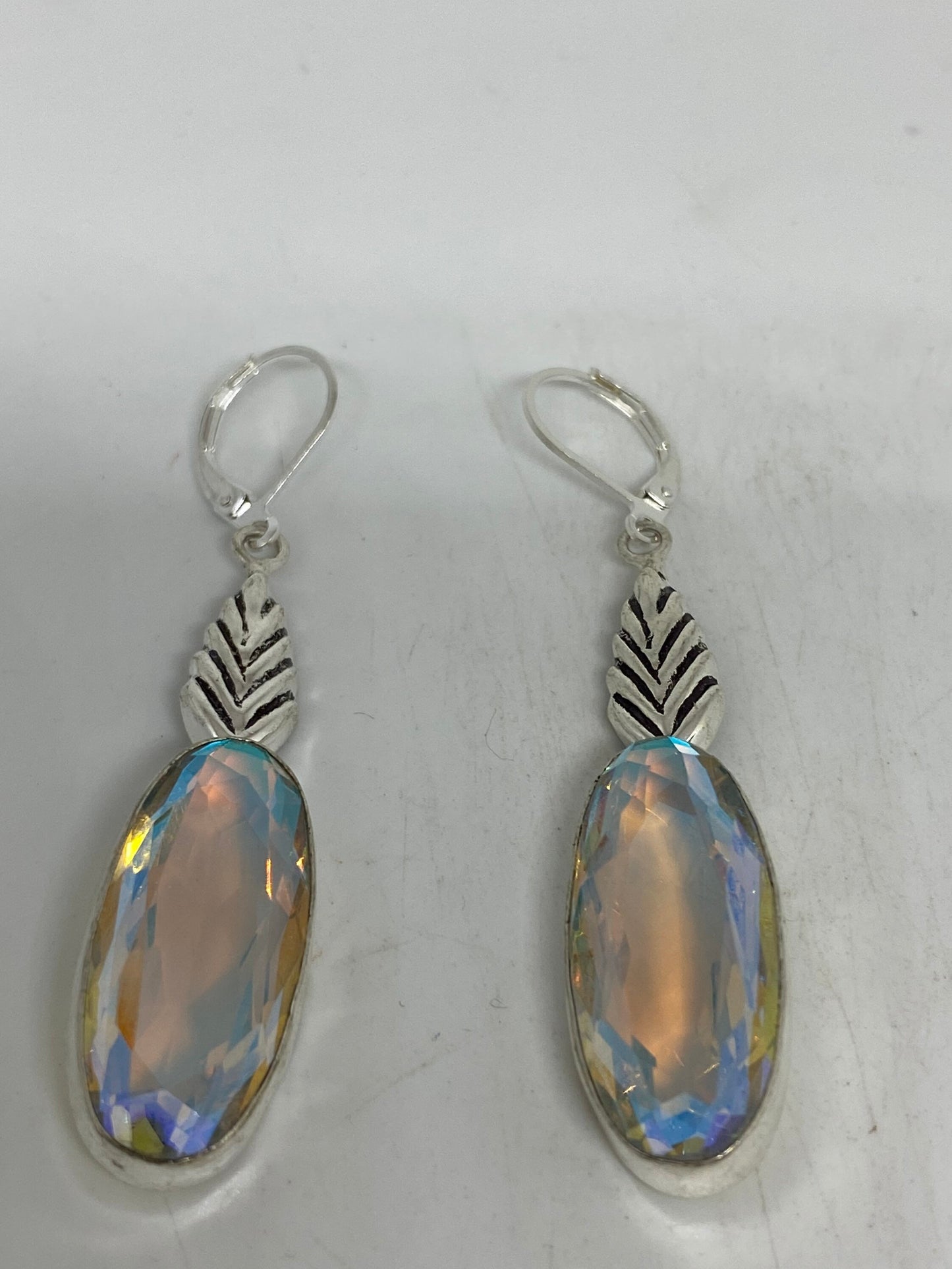 Antique Vintage Blue White Opal Glass Silver Dangle Earrings