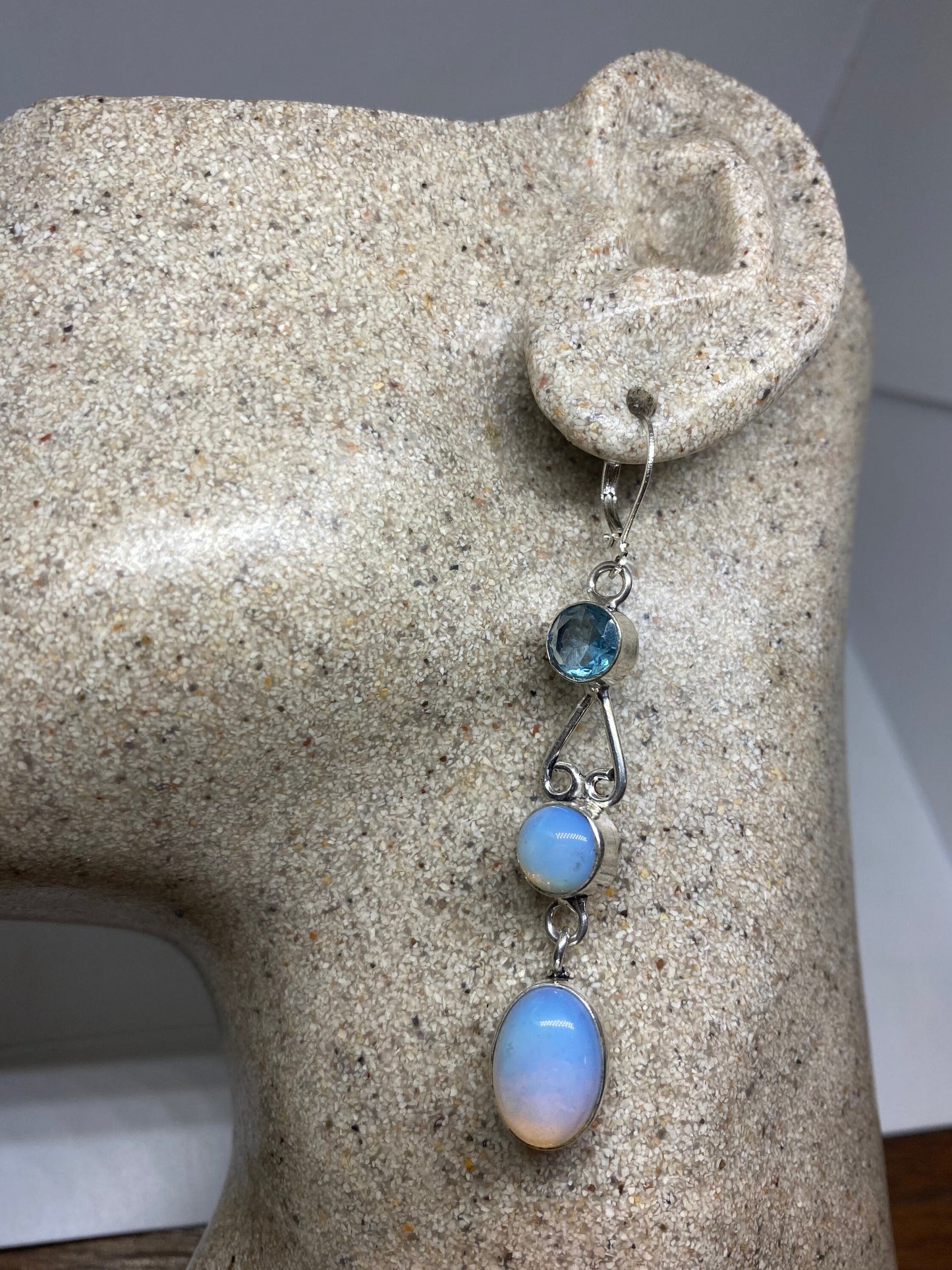 Antique Vintage Blue White Opal Glass Silver Dangle Earrings