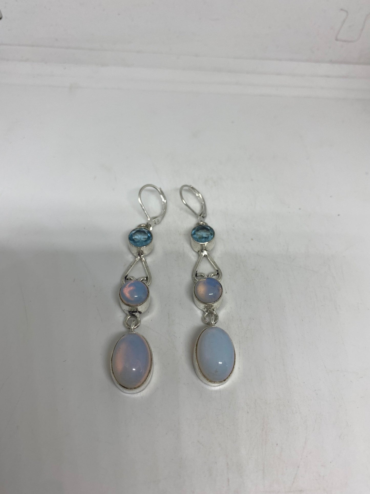 Antique Vintage Blue White Opal Glass Silver Dangle Earrings