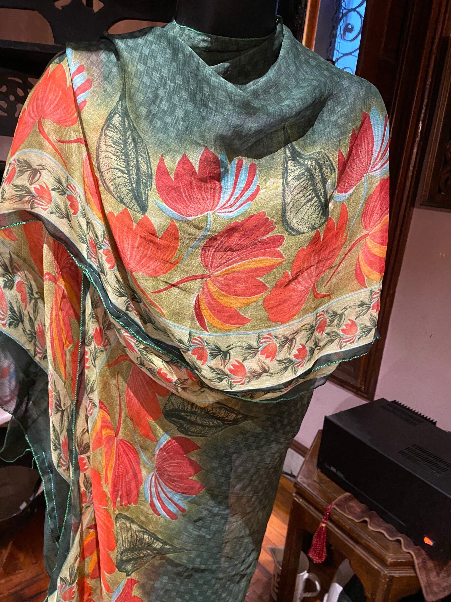 Vintage Japanese Print Scarf Wrap Poncho